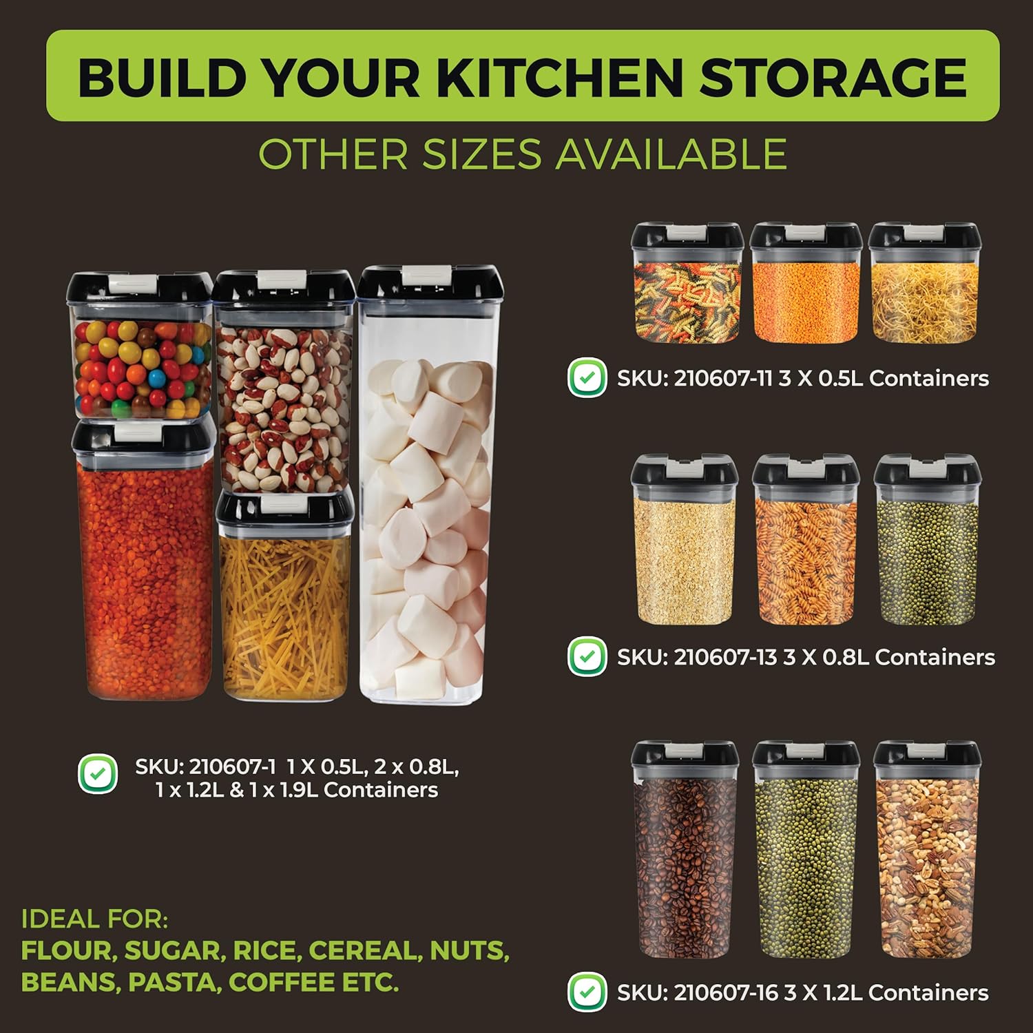 Top 3 Airtight Food Storage Containers – Pack Of 3 x 0.5L Plastic Storage Jars With 1 Marker, 10 Labels and 6 Measuring Spoons – For Flour, Cereals, Grains, Sugar, Nuts, Pasta etc (Pack of 3 x0.5L)