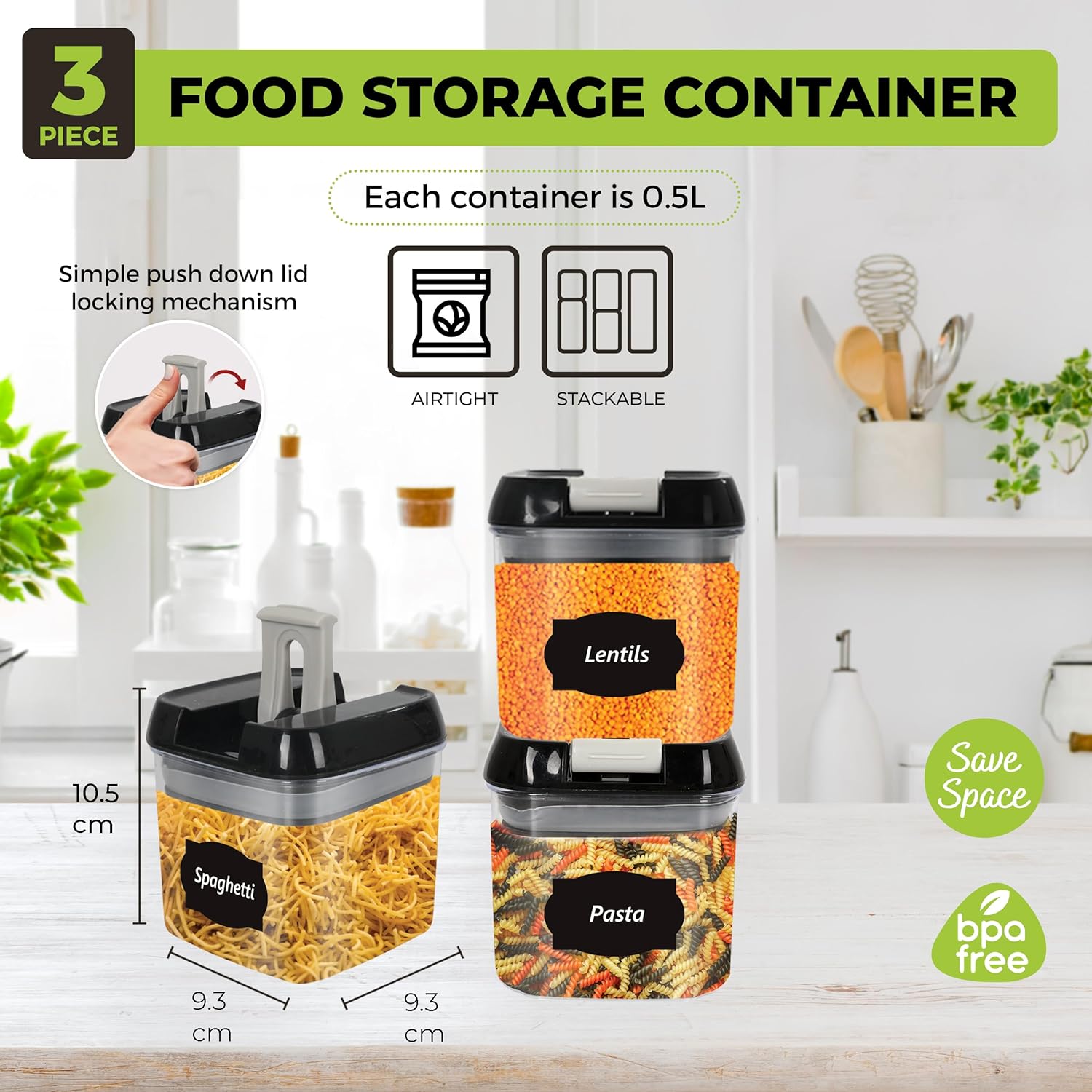 Top 3 Airtight Food Storage Containers – Pack Of 3 x 0.5L Plastic Storage Jars With 1 Marker, 10 Labels and 6 Measuring Spoons – For Flour, Cereals, Grains, Sugar, Nuts, Pasta etc (Pack of 3 x0.5L)