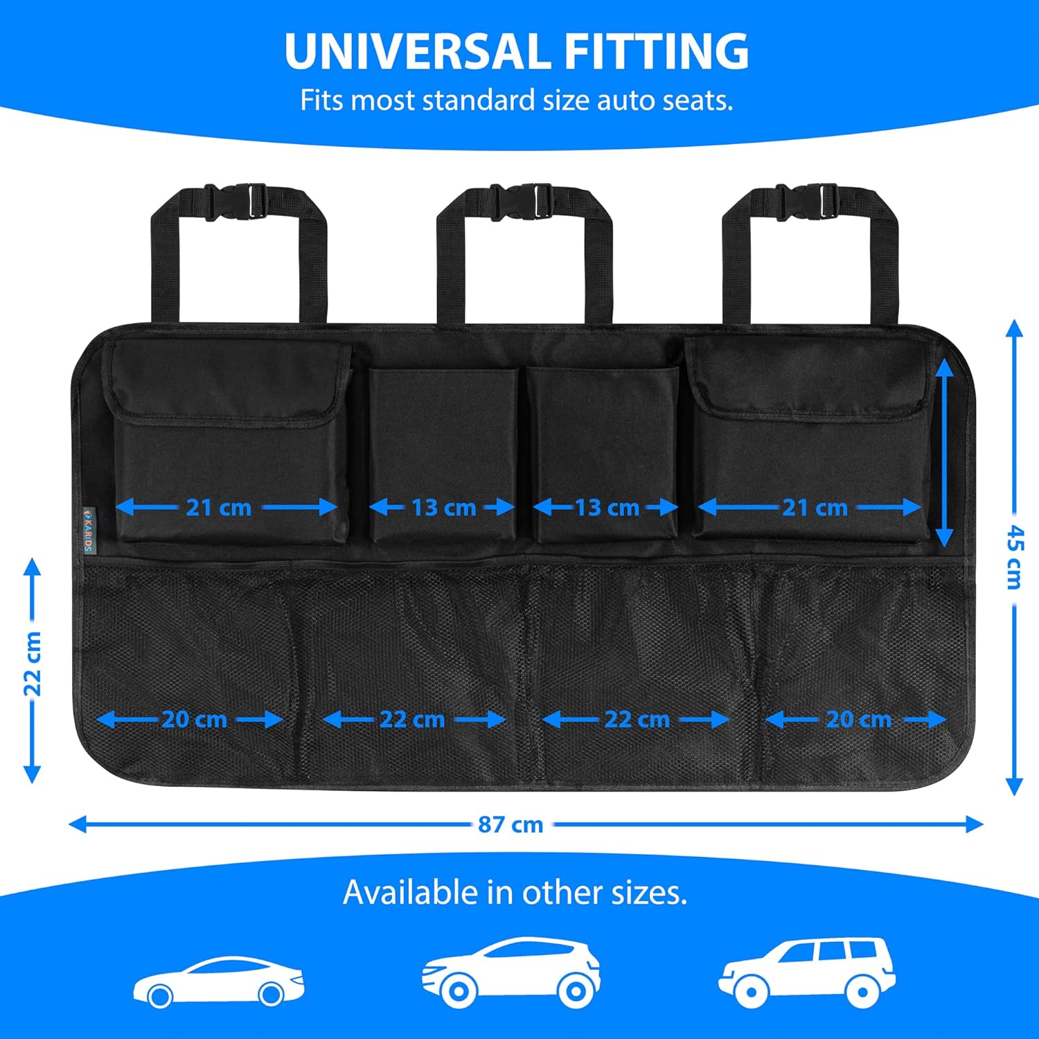 Car Boot Organiser - Backseat Storage Organizer with 4 Elastic Mesh Pockets and 2 Bottle Holder + 2 Large Compartments - Tidy Vehicle Hanging Storage | Declutter Cargo Net Bag for Travel