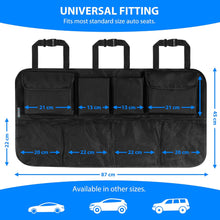 Load image into Gallery viewer, Car Boot Organiser - Backseat Storage Organizer with 4 Elastic Mesh Pockets and 2 Bottle Holder + 2 Large Compartments - Tidy Vehicle Hanging Storage | Declutter Cargo Net Bag for Travel
