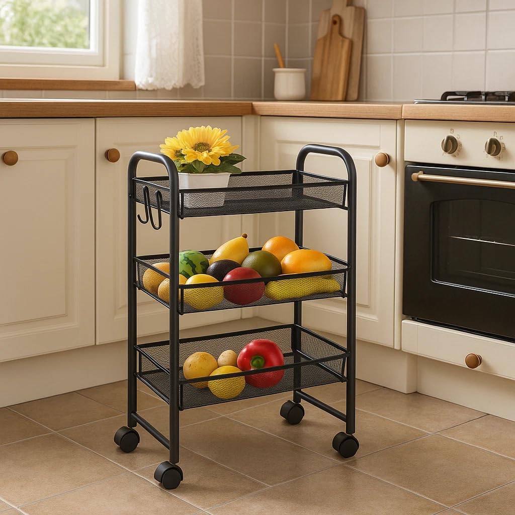 3 Tier Storage Cart Metal Kitchen Trolley on Wheels Organiser Utility Rack 44x26x62 cm