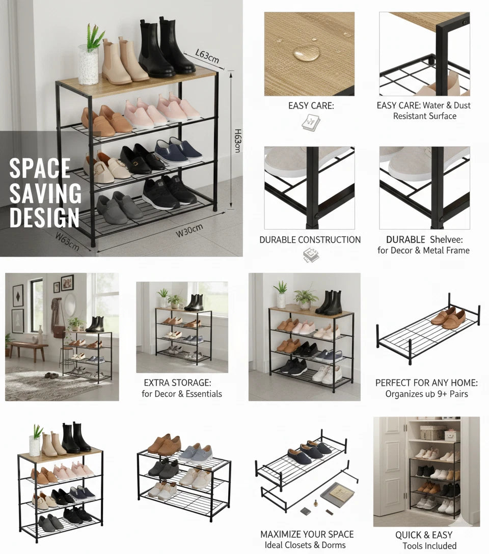 4 Tier Shoe Rack Metal Storage Organiser with Wooden Top – Footwear Storage Shelf for Hallway, Home & Bedroom