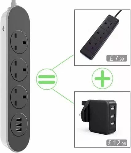 Surge Protected Extension Lead With USB 3 Gang Way 1.6M Electric Plug Socket UK