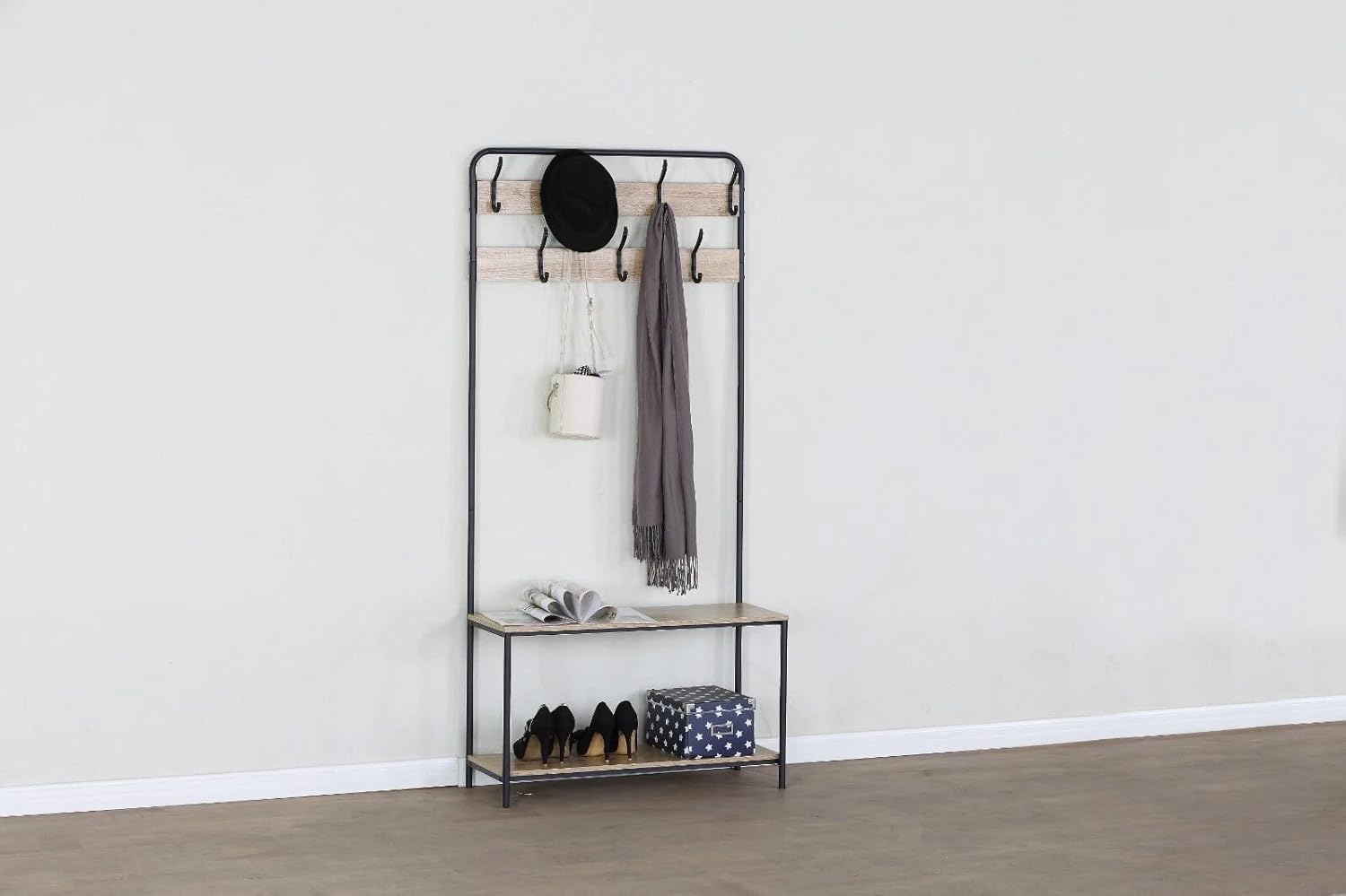 Clothes Hat Coat Rack with Shoe Storage Bench 7 Hooks Hanging Hallway Bedroom 80x30x170 cm