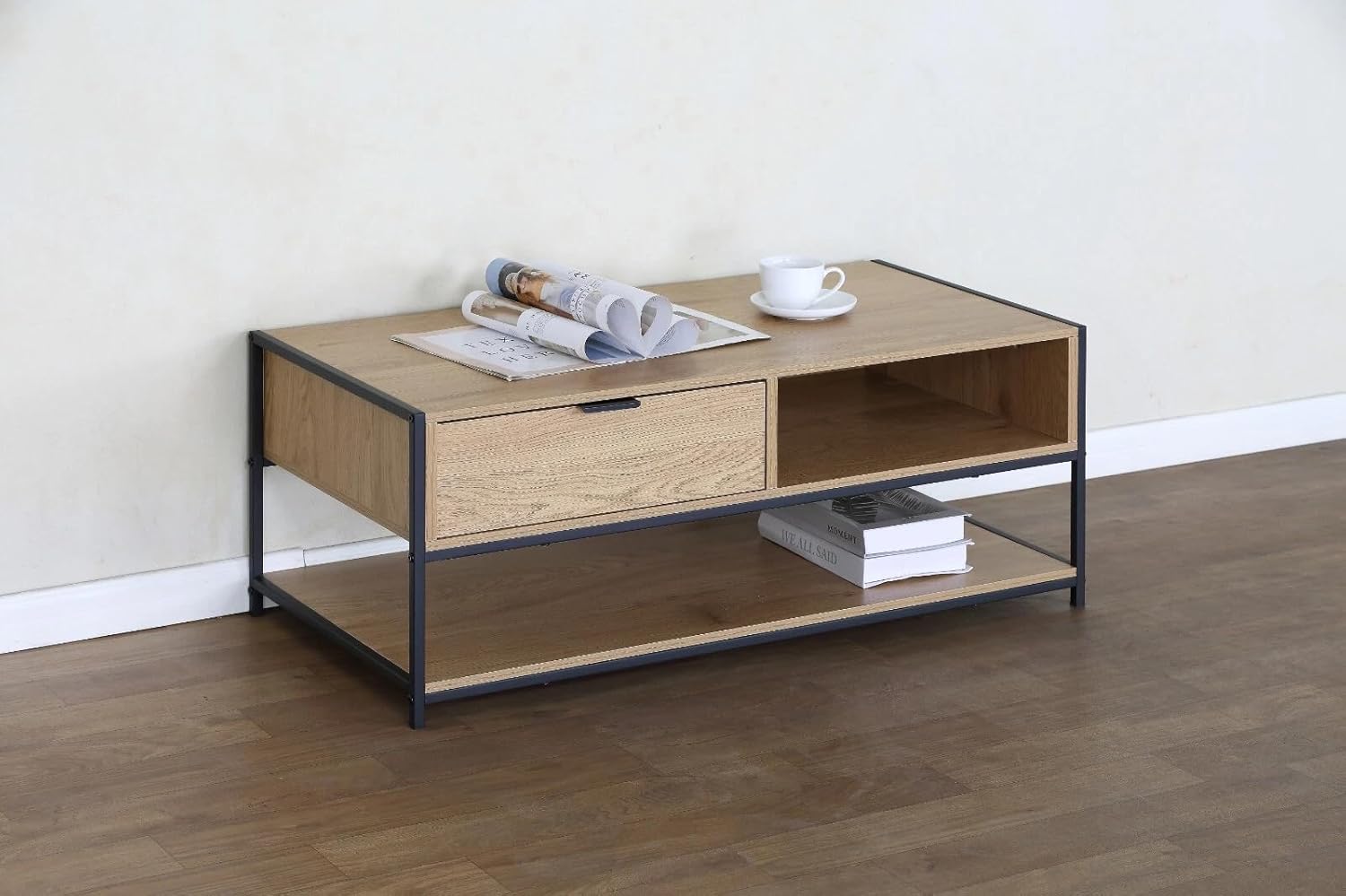 Coffee Table with Drawer Storage 2 Tier Industrial Style Living Room Furniture 100x50x40 cm