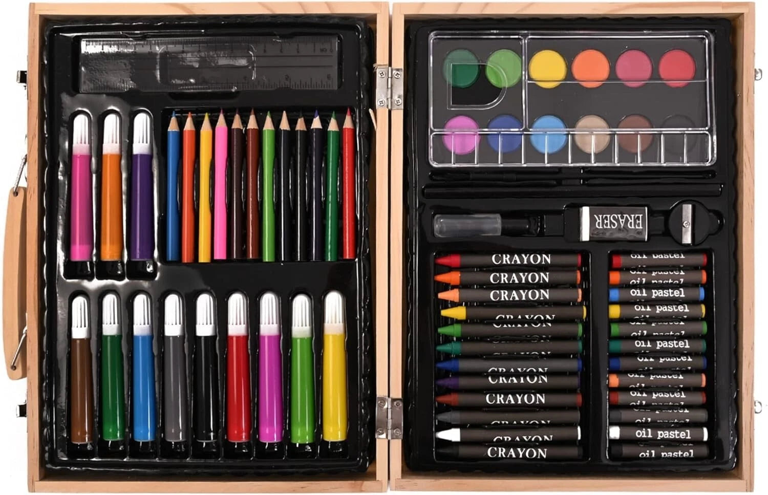 Kids Art Set 67 Piece Traditional Wooden Box Carry Case Pens Pencils Crayons NEW