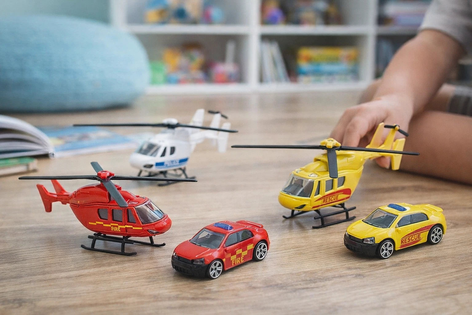 Kids Emergency Vehicle Toy Set Police Car Rescue Helicopter Toys Girls Boys Gift