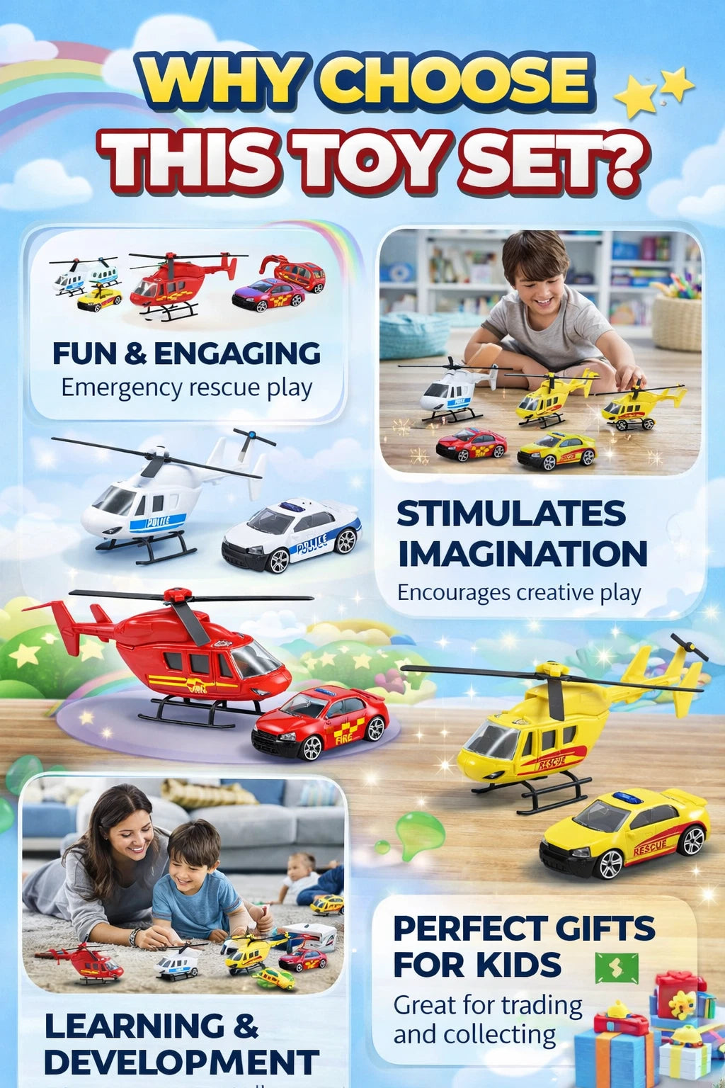 Kids Emergency Vehicle Toy Set Police Car Rescue Helicopter Toys Girls Boys Gift