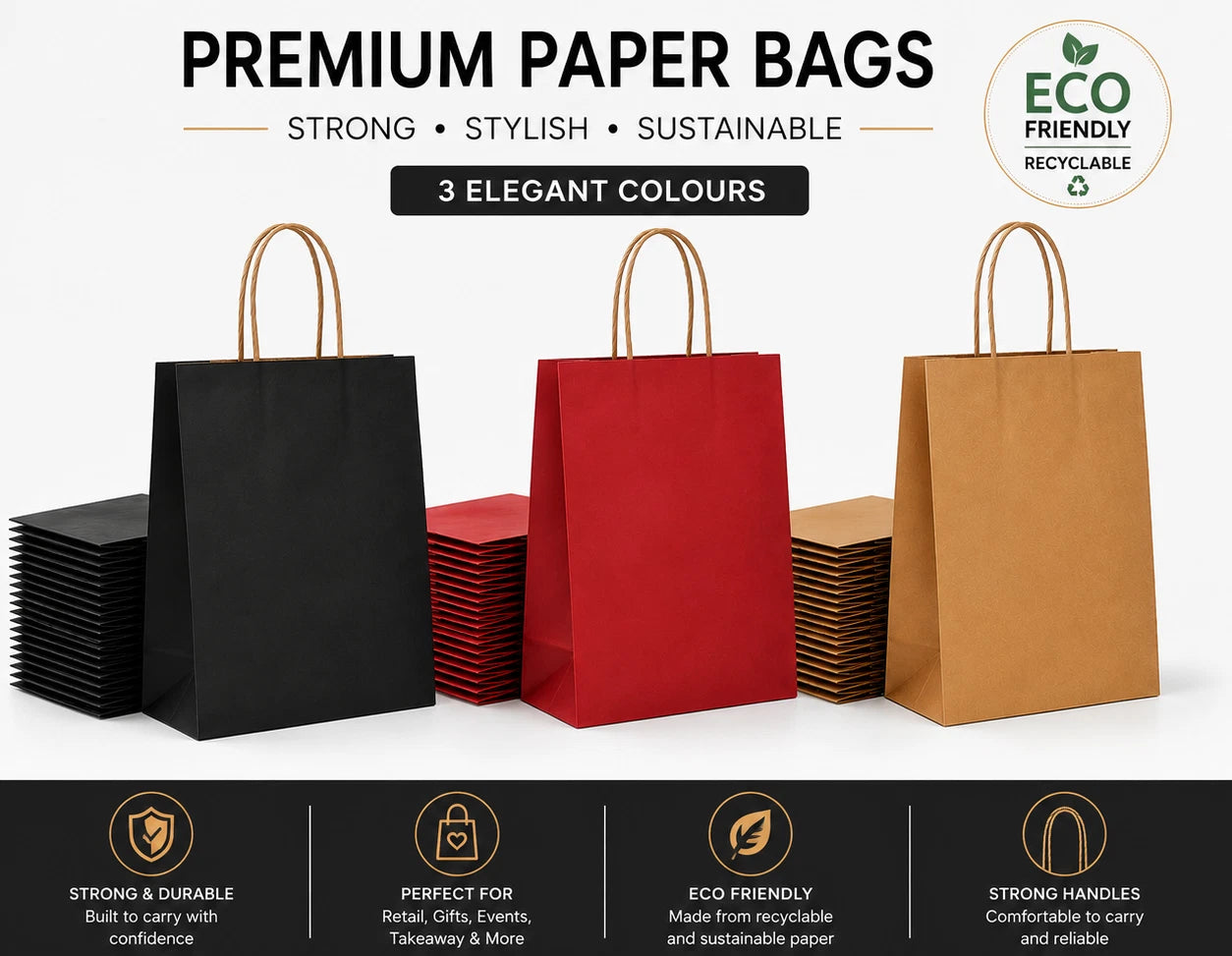 Paper Gift Bags with Handles Medium Kraft Shopping Retail Carrier Party Takeaway