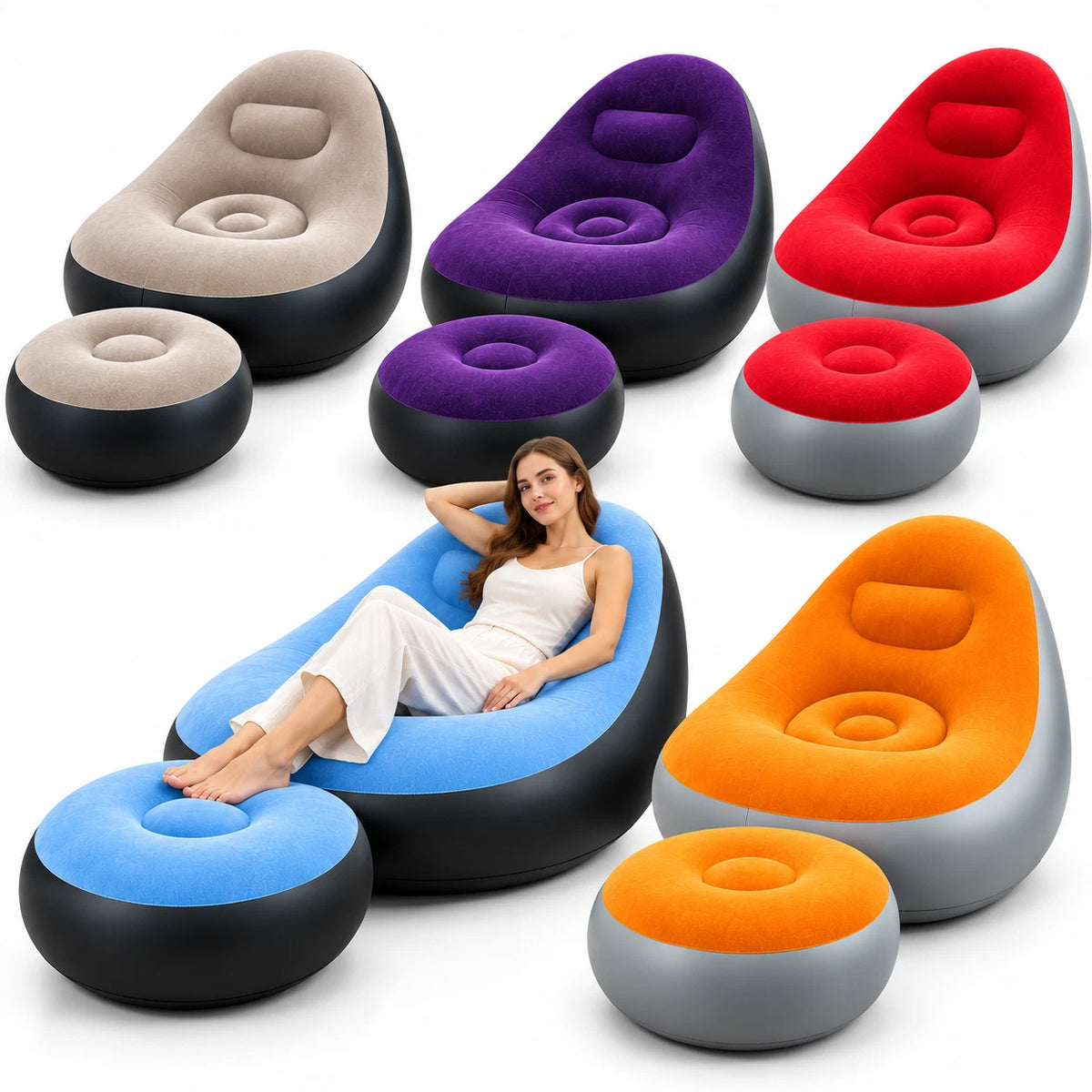 Inflatable Lounger Ottoman Couch With Foot Stool Air Blow Up Sofa Chair Camping