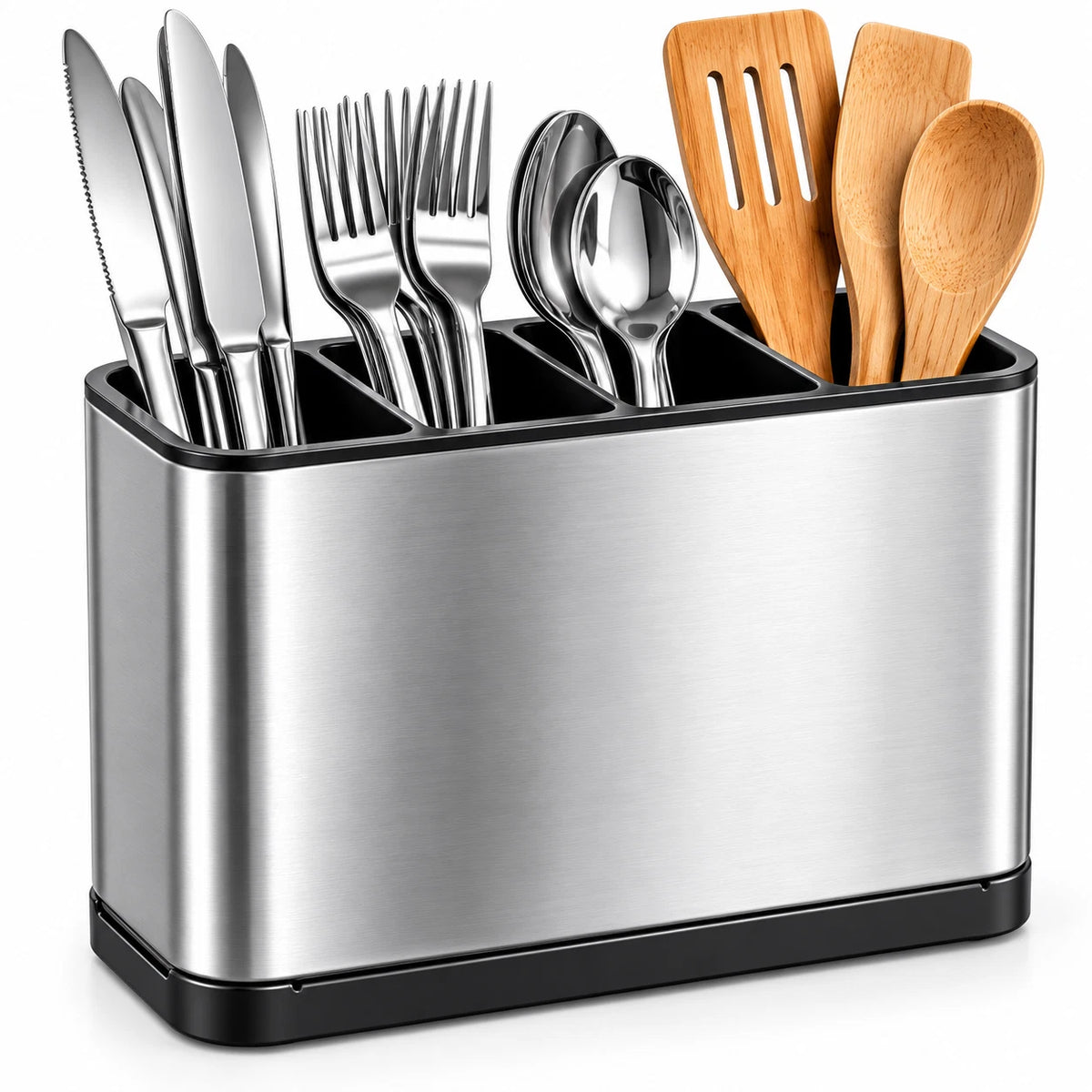 Stainless Steel Utensil Holder with 4 Compartments Draining Base Kitchen Storage