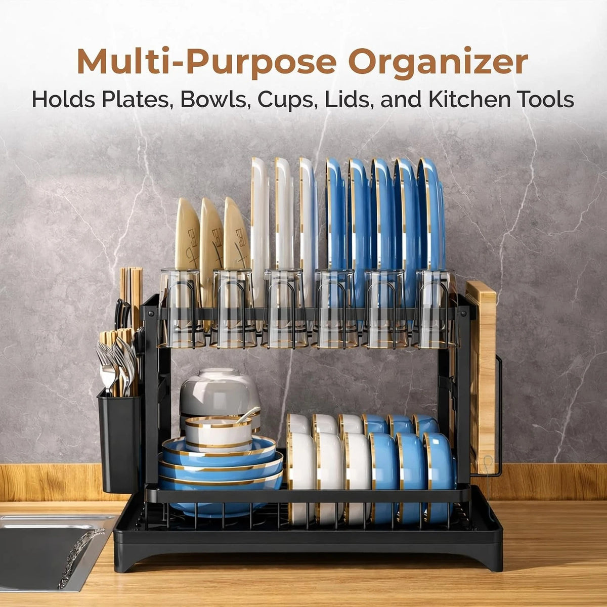 2 Tier Dish Drainer Rack Stainless Steel Drip Tray Space Saving Cutlery Holder