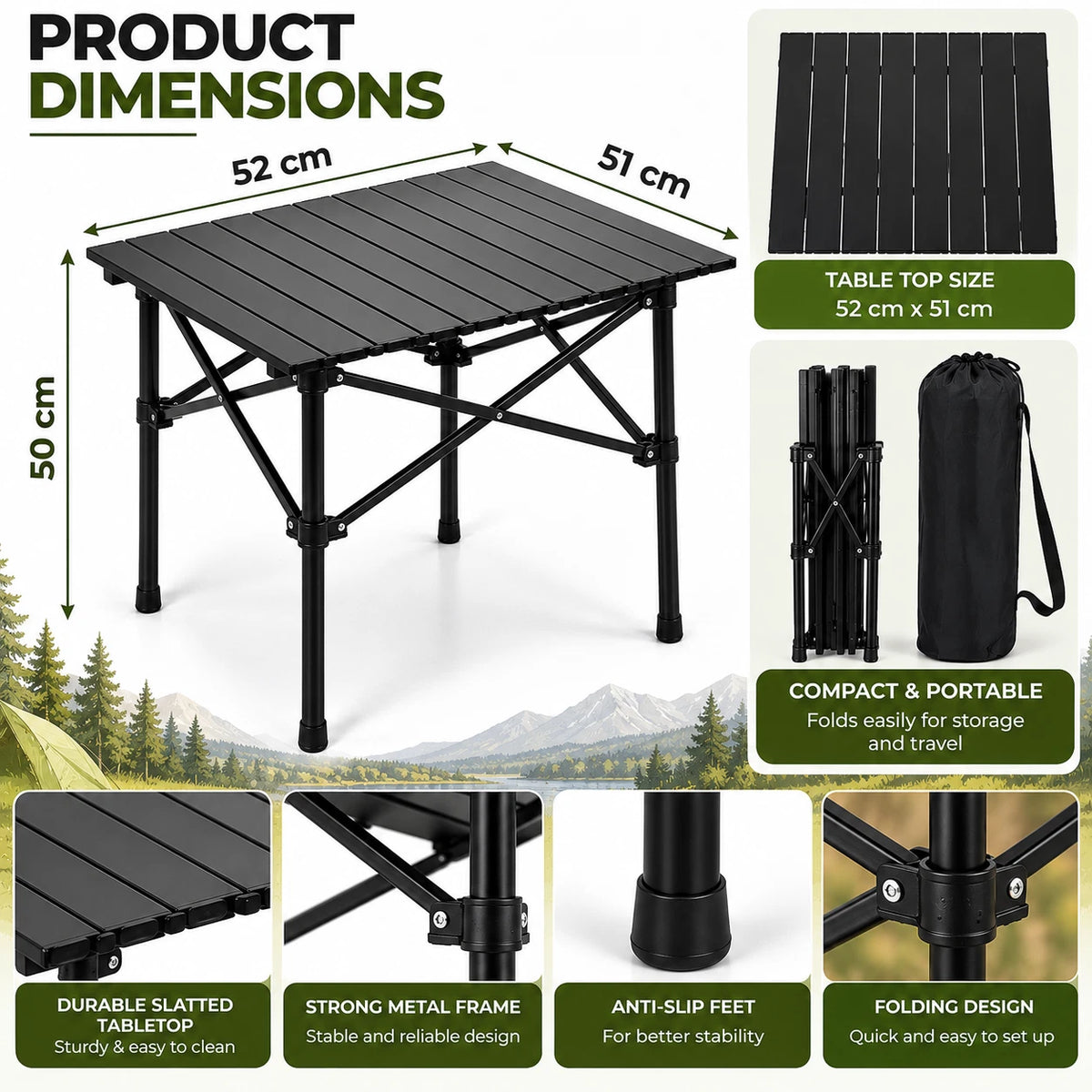 Folding Camping Table Square Roll Up Top Carbon Steel For Garden Picnic Outdoor