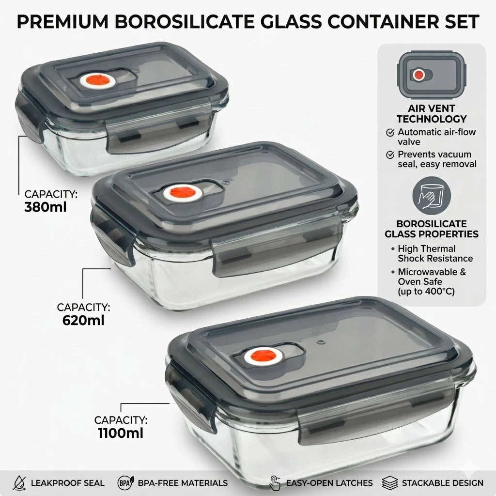 3 Piece Glass Food Storage Containers Set with Airtight Vented Lids – Oven Safe Meal Prep Boxes
