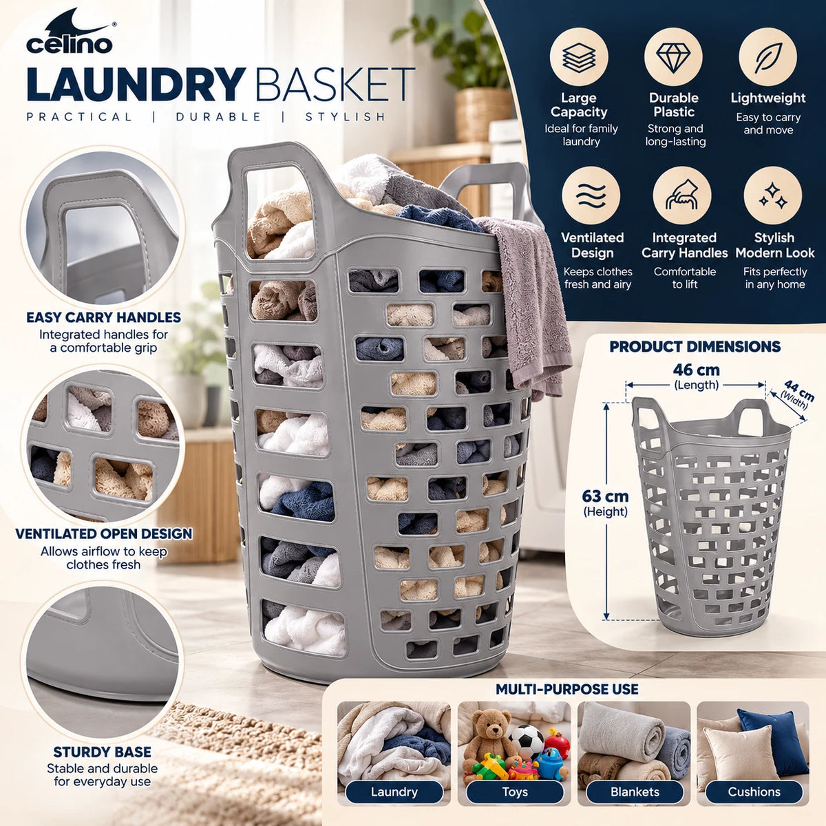 70L Plastic Laundry Basket Flexi Lightweight Utility Storage Washing Clothes