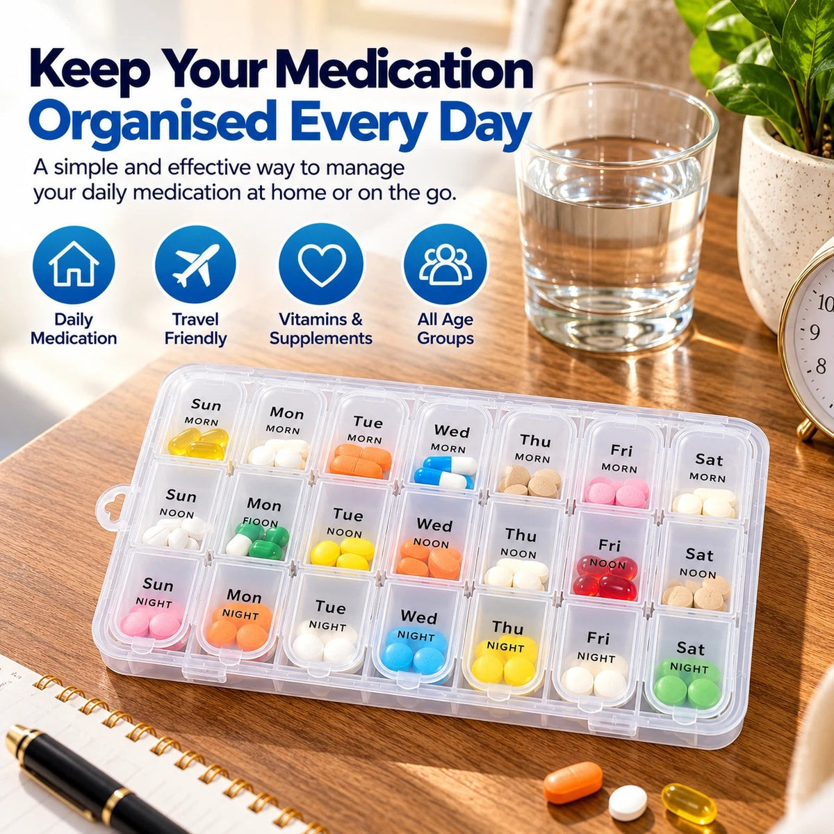 Weekly Pill Box Organiser 3 Times a Day 7 Days Tablet Organiser Portable Compact