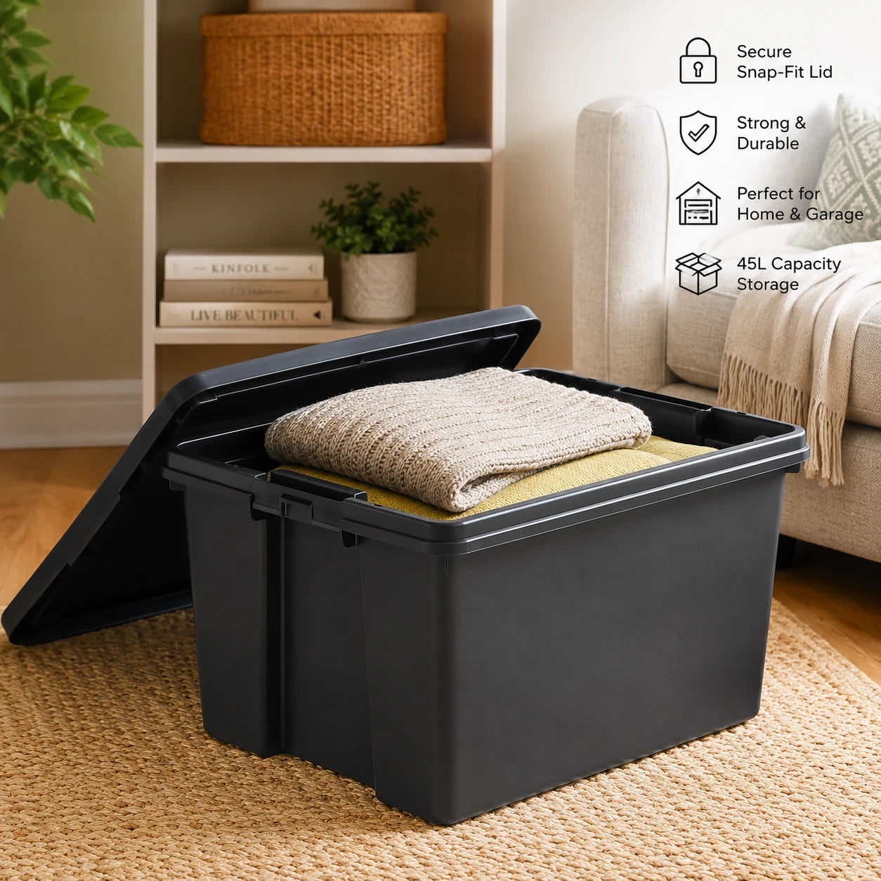 Heavy Duty Plastic Storage Box with Lid Stackable Storage Bin Container Black