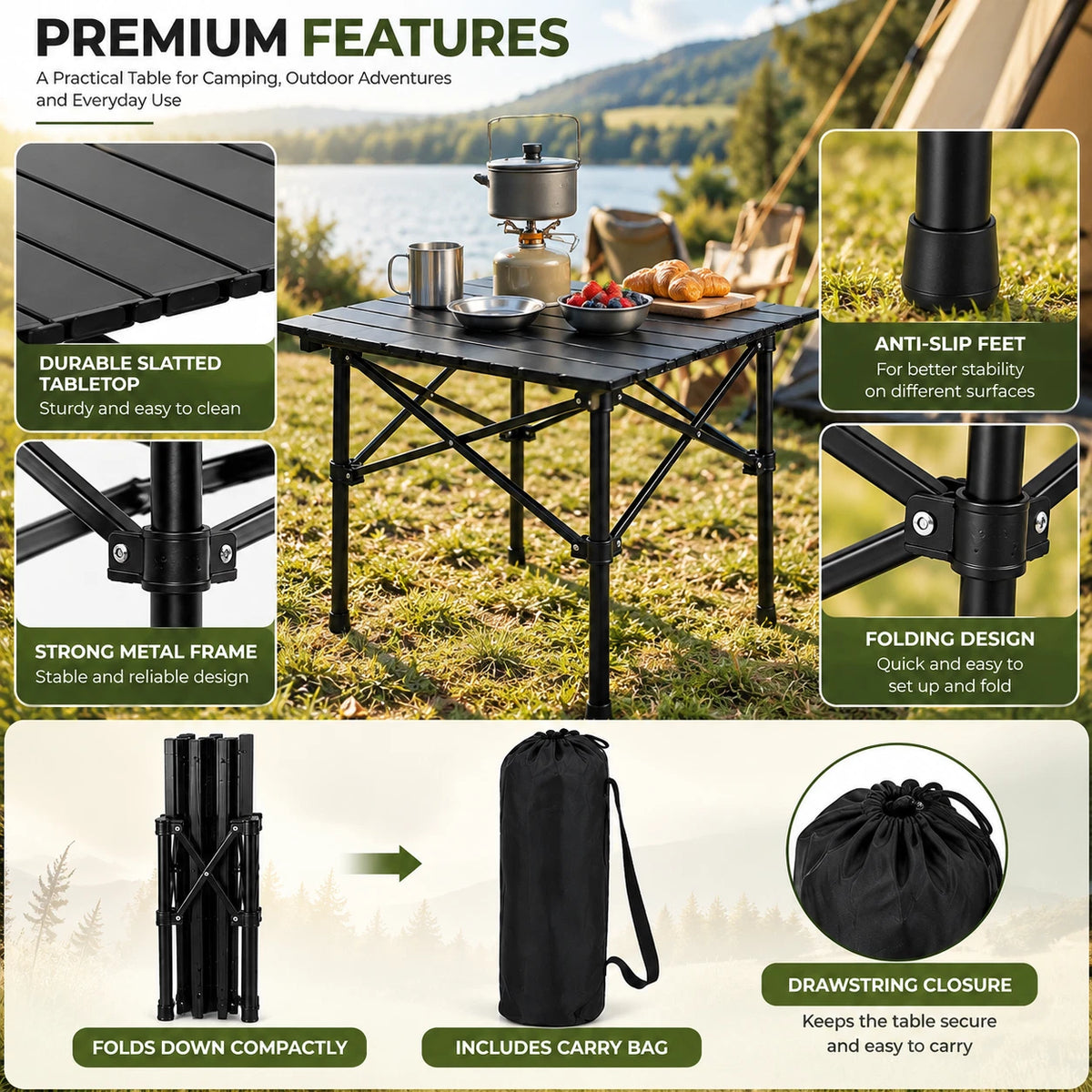 Folding Camping Table Square Roll Up Top Carbon Steel For Garden Picnic Outdoor