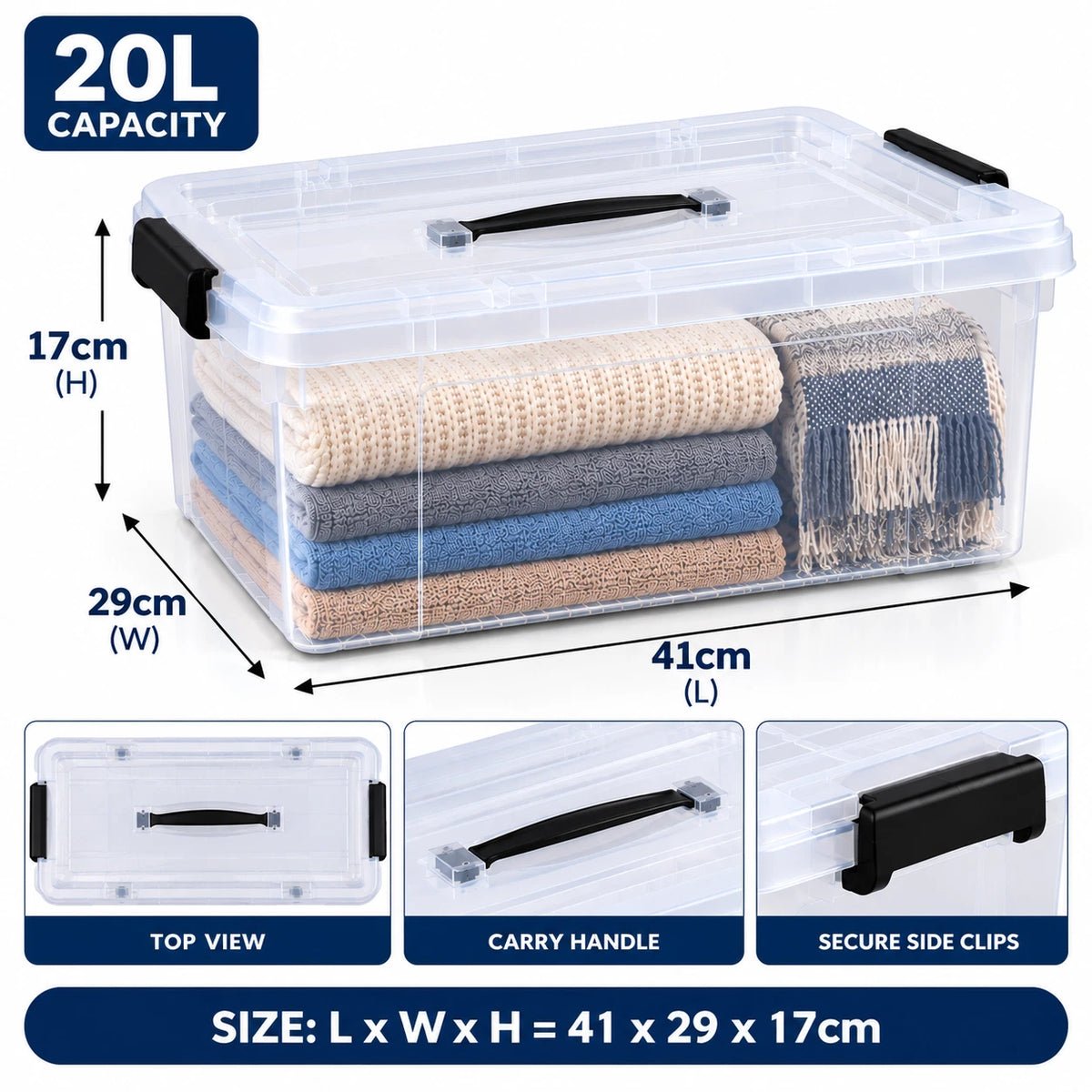 Clear Plastic Storage Boxes with Lids Stackable Box Strong Home Office Kitchen