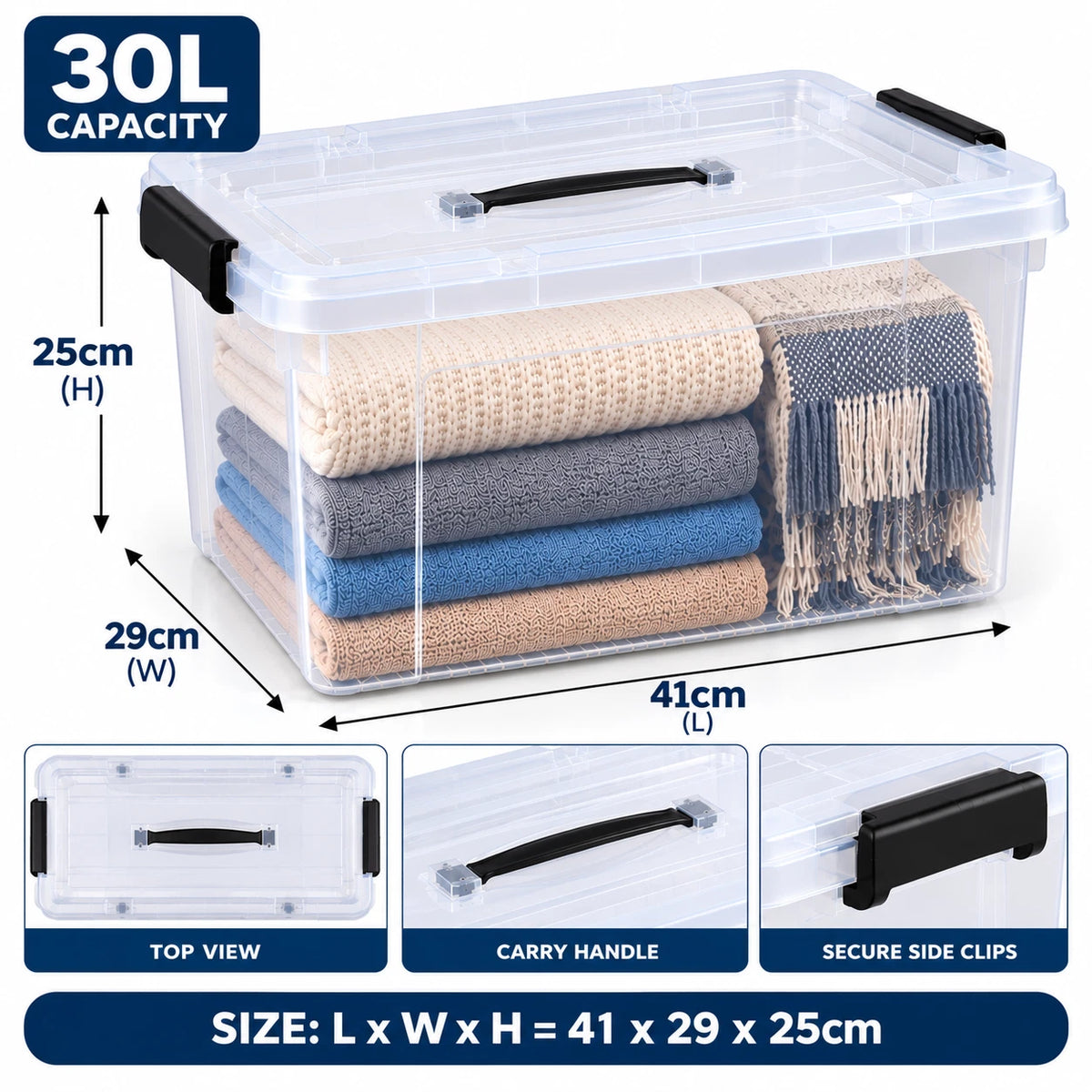Clear Plastic Storage Boxes with Lids Stackable Box Strong Home Office Kitchen