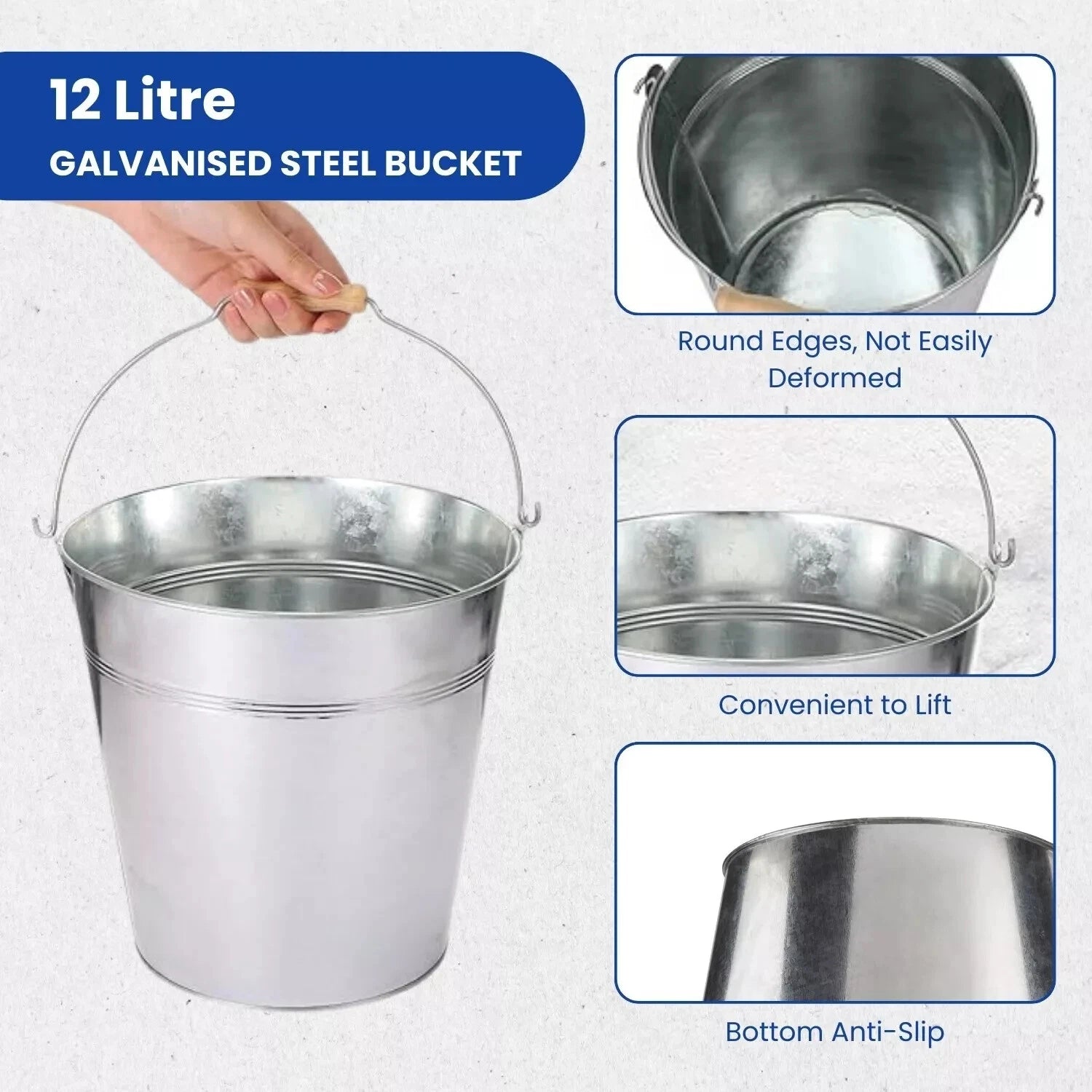 Traditional Metal Bucket With Handle Strong Galvanized Steel Heavy Duty Cleaning