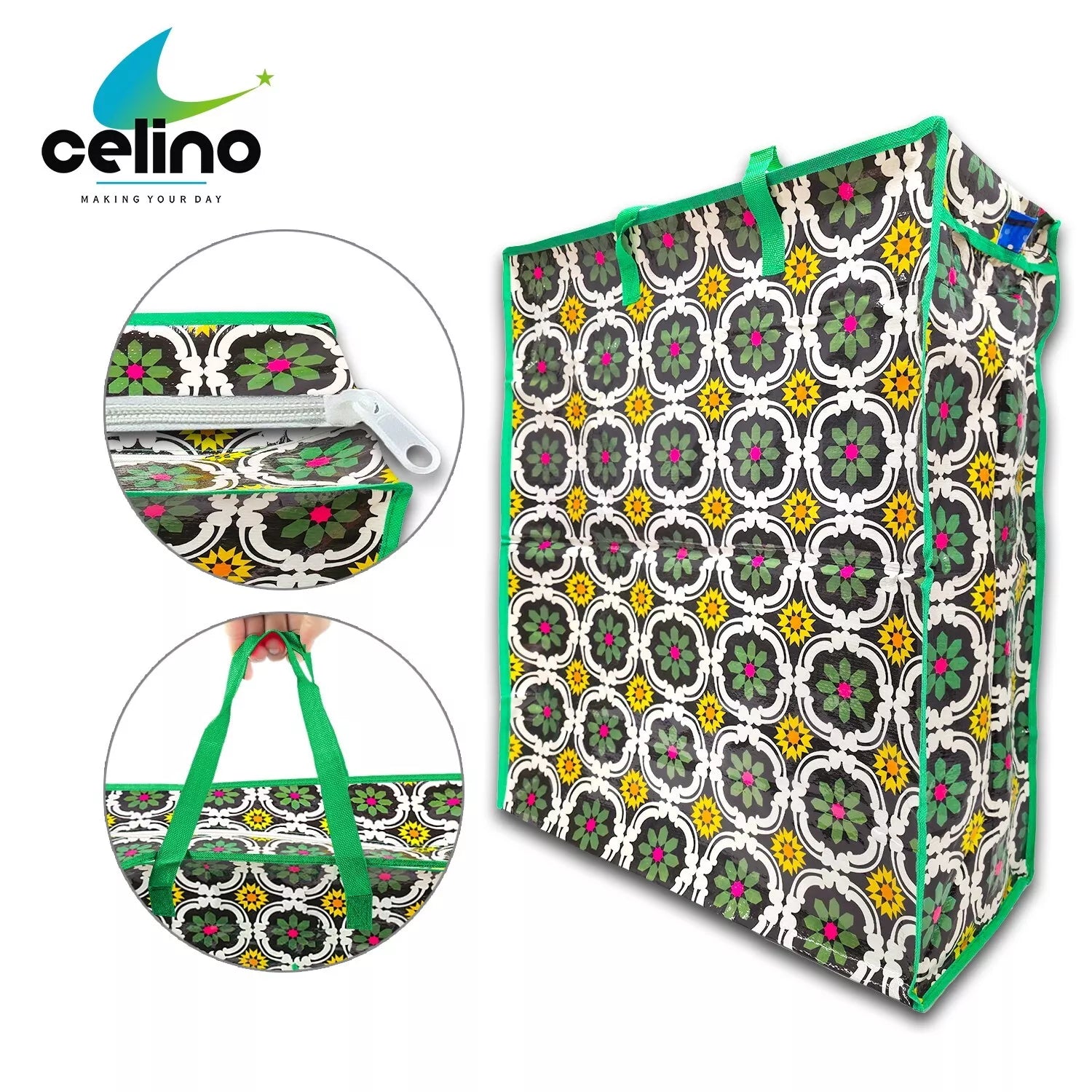 Extra Large Printed Laundry Storage Bag with Zip – Strong Reusable Shopping, Moving & Clothes Storage Bag 65x55x24cm