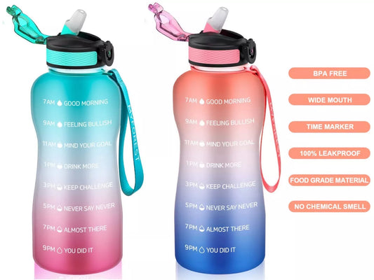 2L Water Bottle with Straw Leakproof Gym Sports Drinking BPA Free Time Markings