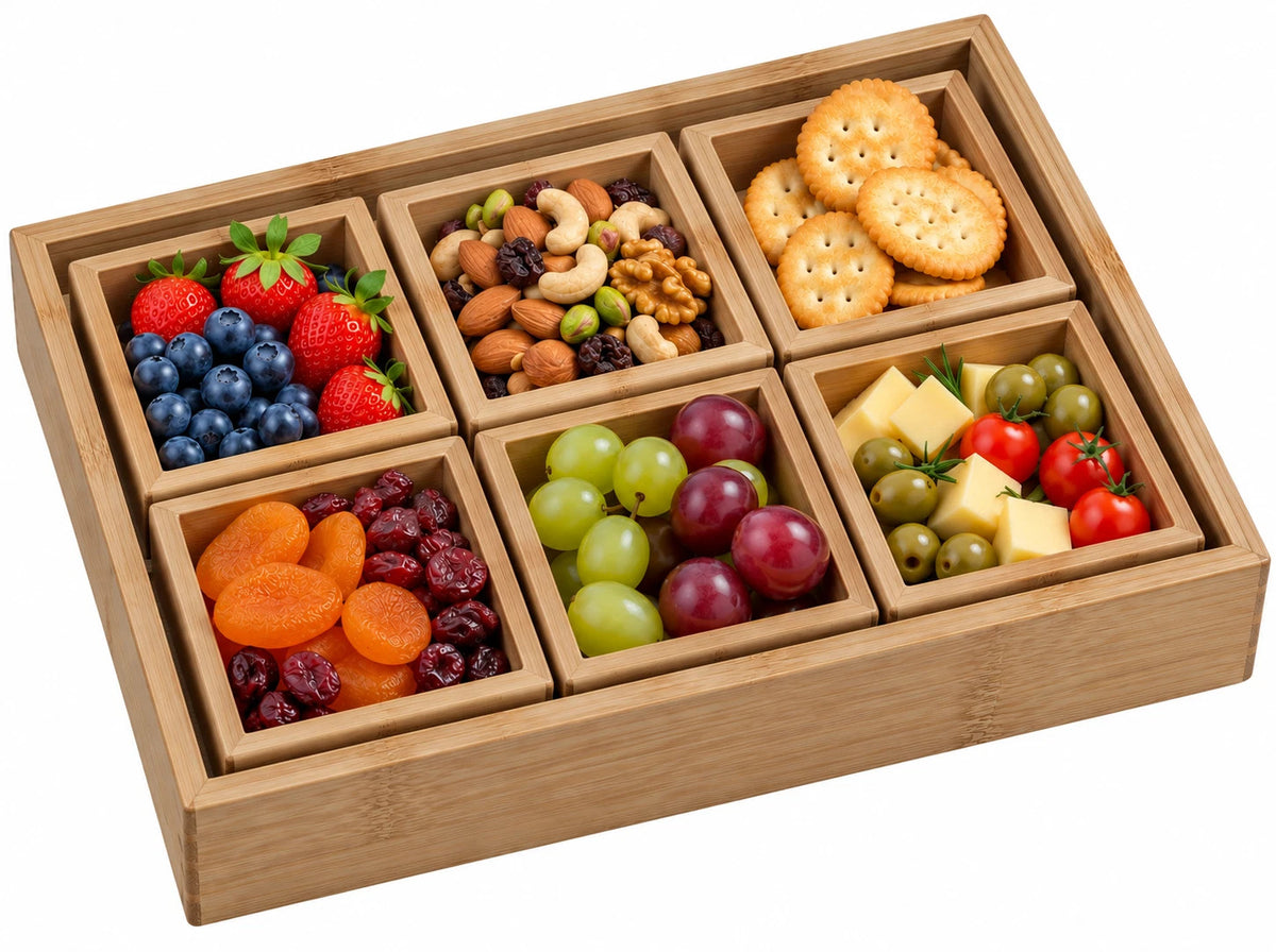 7pc Bamboo Serving Tray Rectangular Food Platters Nuts Candy Storage Organiser