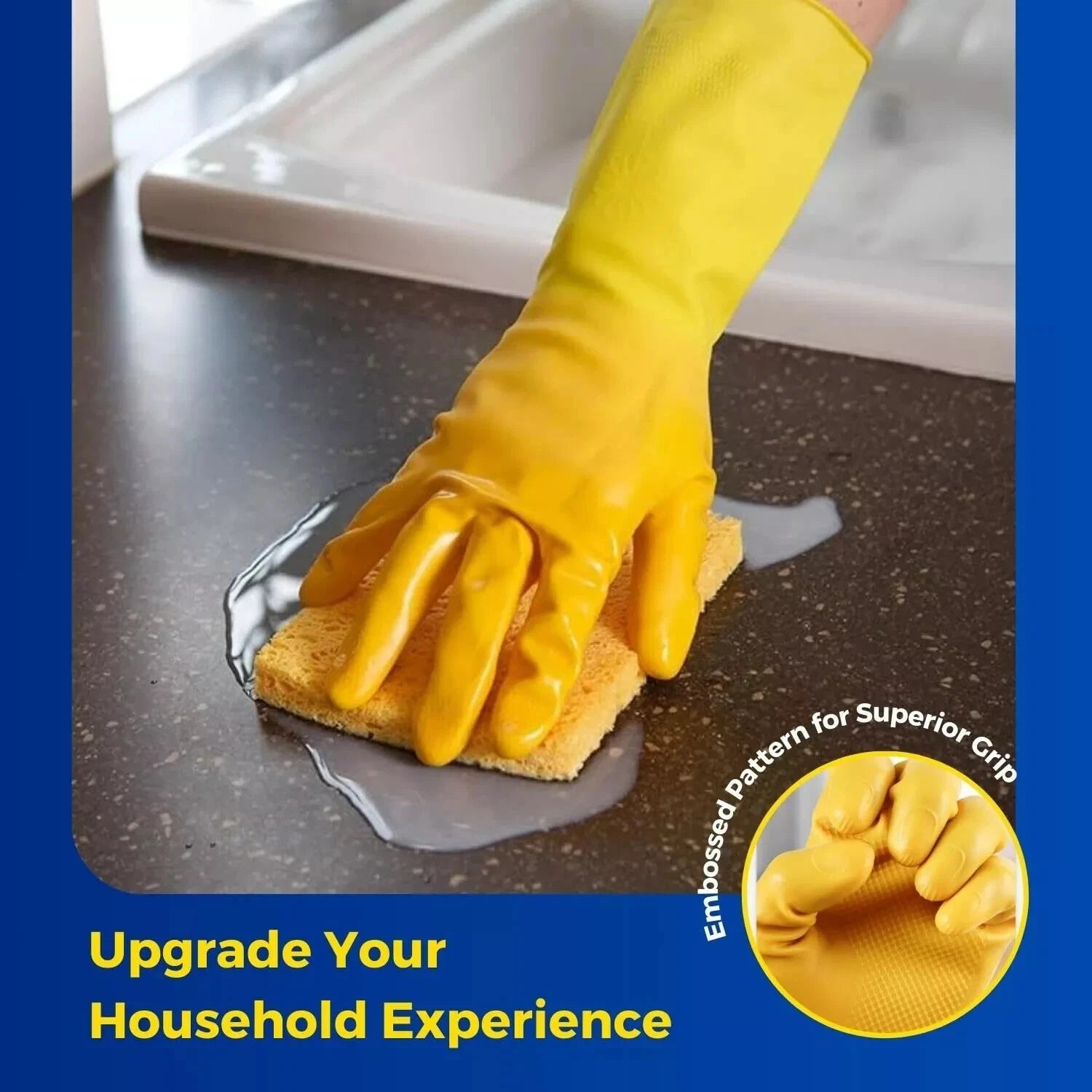 1 Pair Cleaning Gloves Yellow Heavy Duty Rubber Non-Slip Kitchen Bathroom Dishes