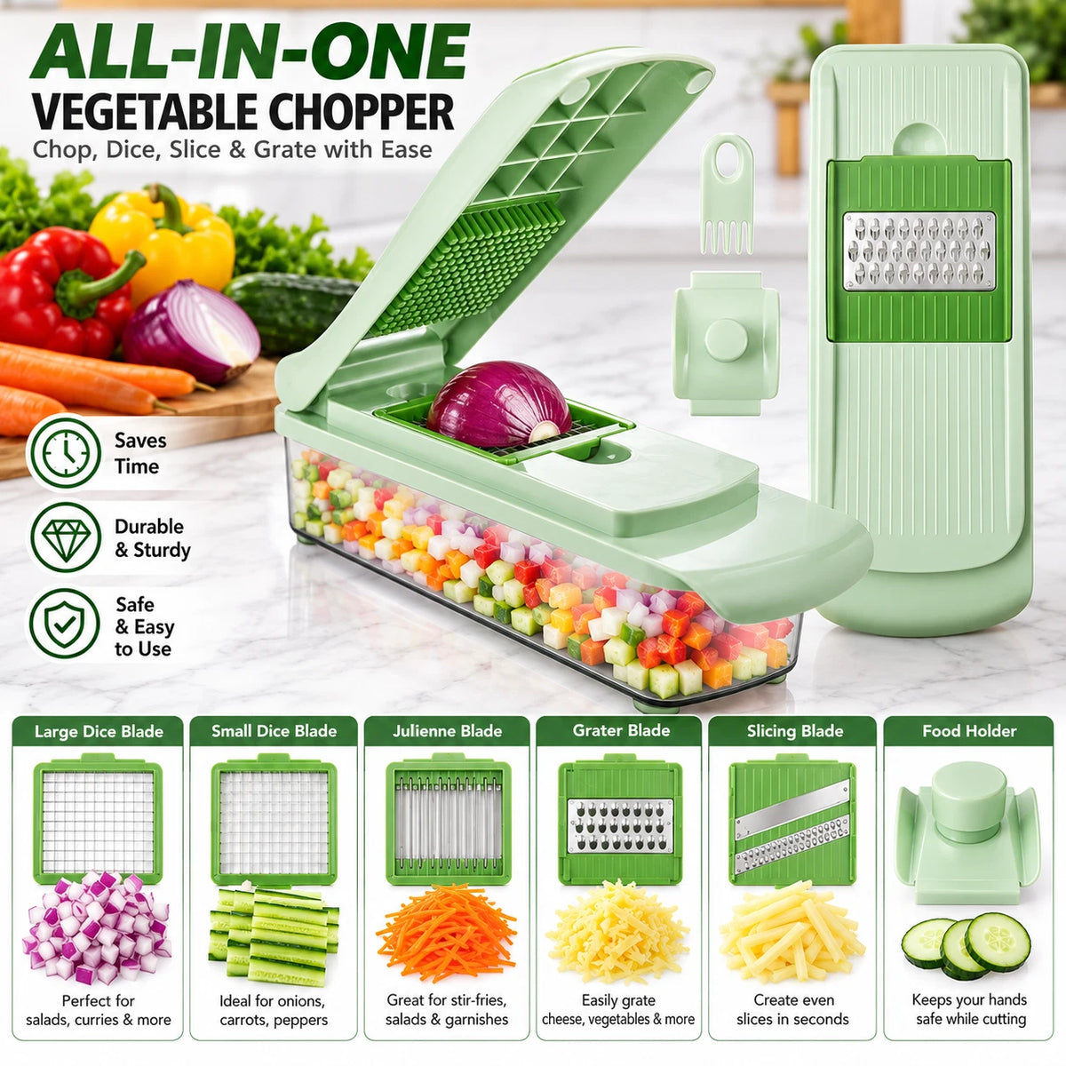 6 in 1 Vegetable Chopper Mandoline Slicer Dicer Cutter Grater Kitchen Gadget NEW