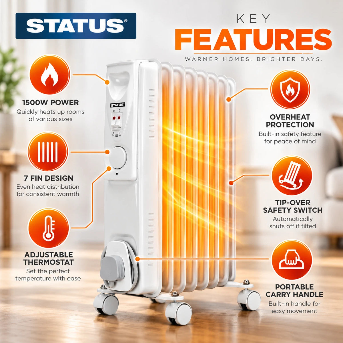 7 Fin Portable Oil Filled Radiator Electric Heater Thermostat 1500W Home Office