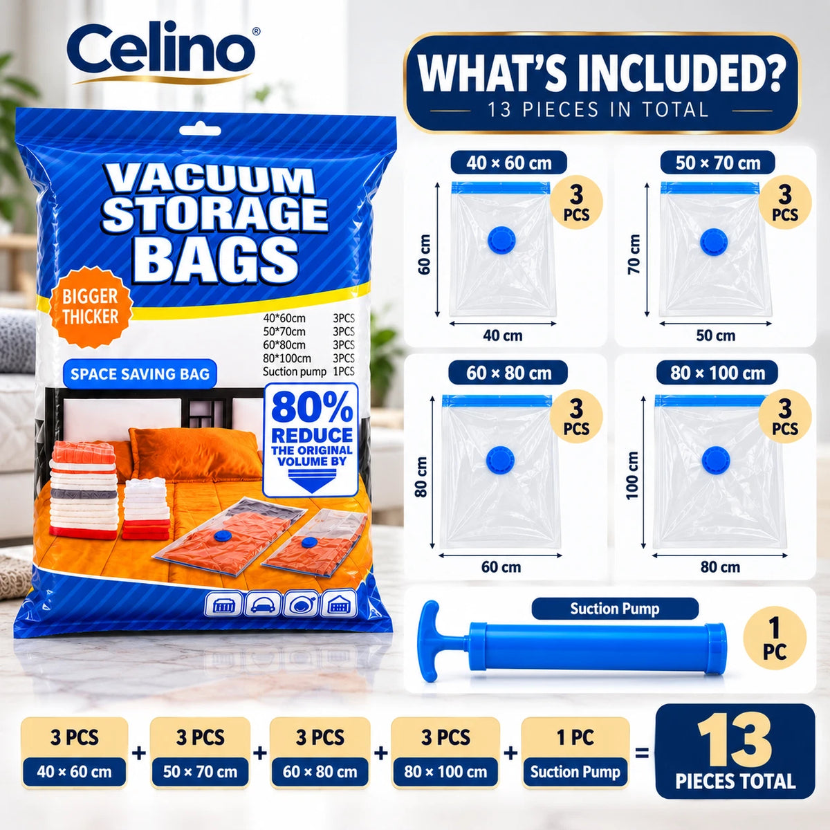 12 Pack Vacuum Storage Bags with Pump Space Saver Spacing Saving Organiser S M L