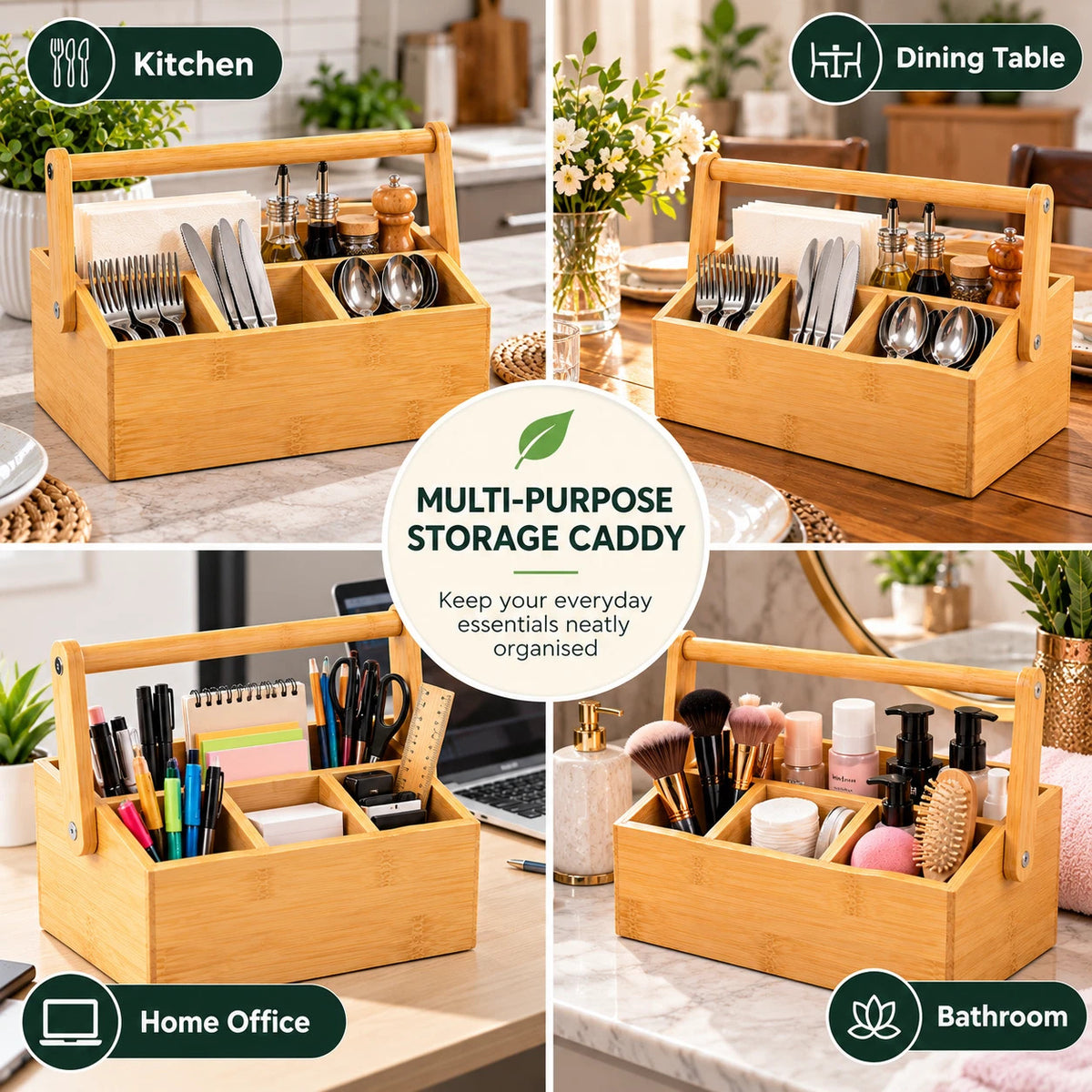 Bamboo Utensil Cutlery & Condiments Holder Kitchen Storage 4 Compartments Handle