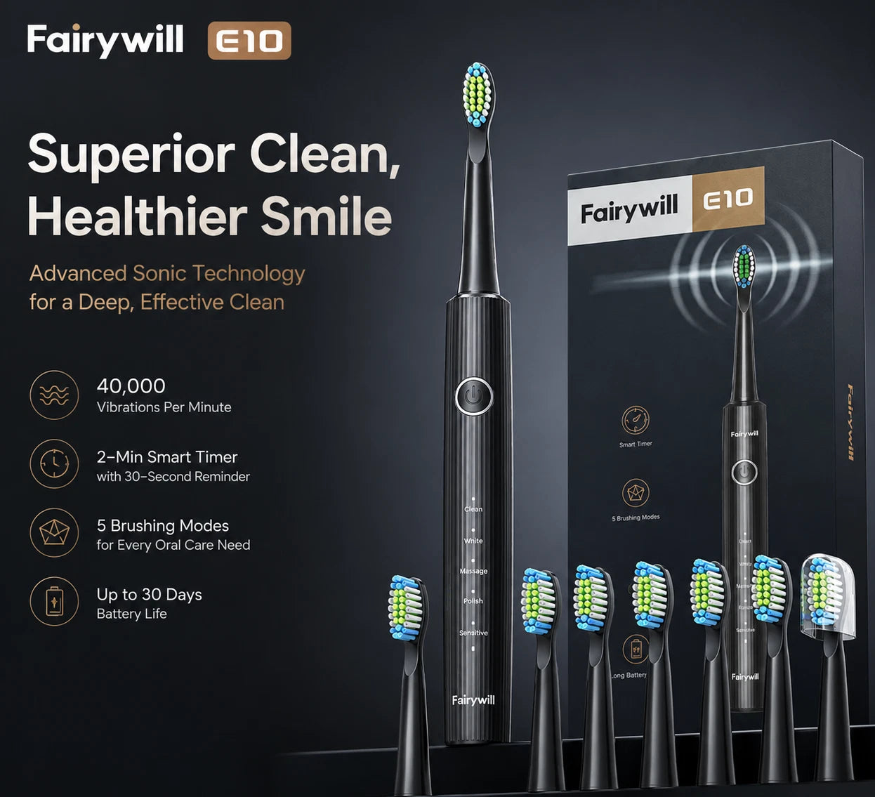 Fairywill E10 Electric Toothbrush Sonic USB Rechargeable 5 Modes 8 Heads Black