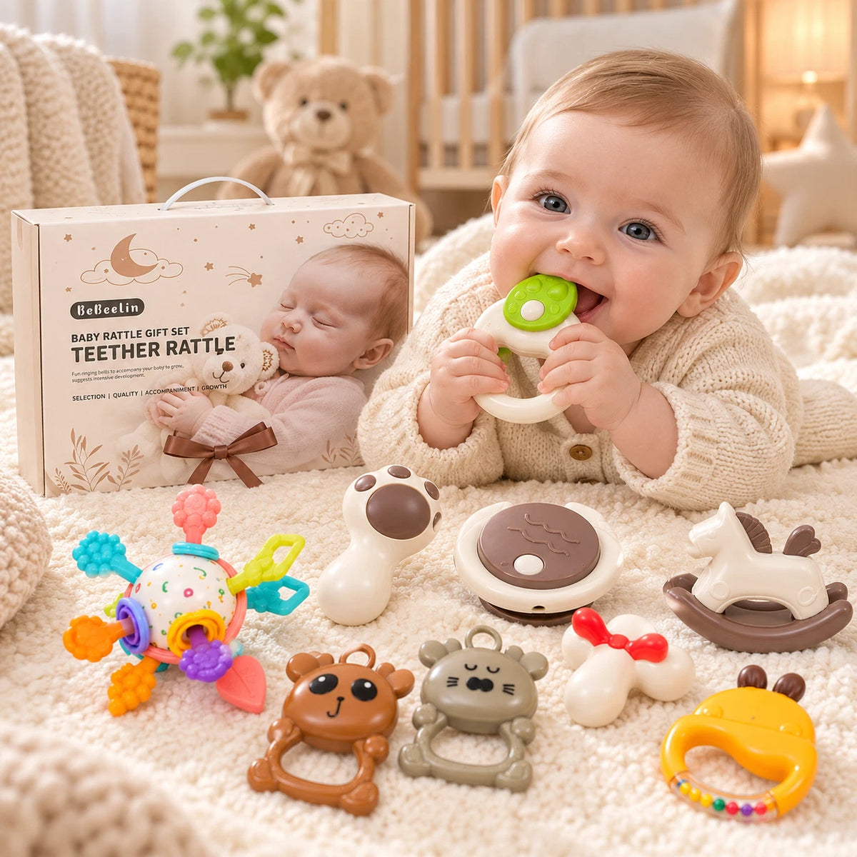 9pc Baby Rattles and Teether Gift Set For Newborn Sensory Activity Play Toy XMAS
