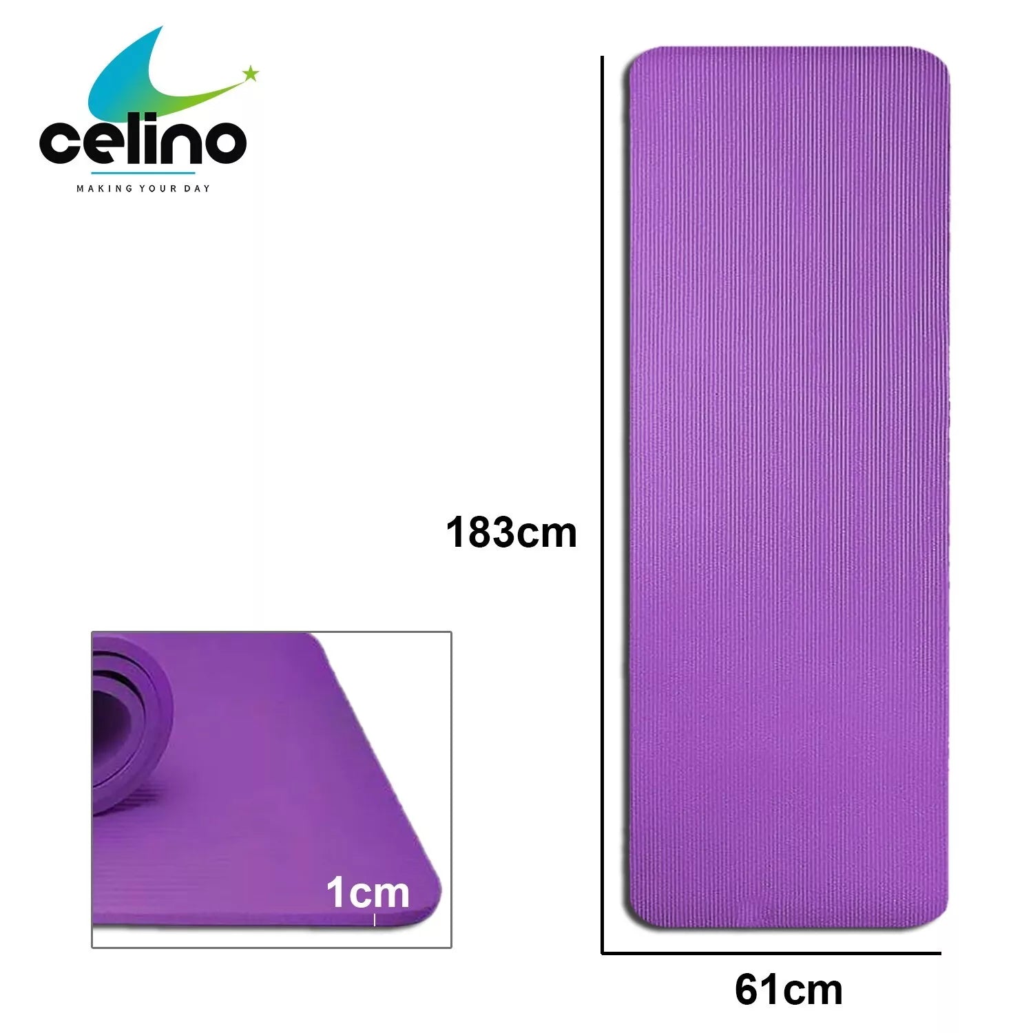 Yoga Mat Thick 10mm Non Slip NBR Carry Strap 183cm x 61cm Fitness Exercise Gym
