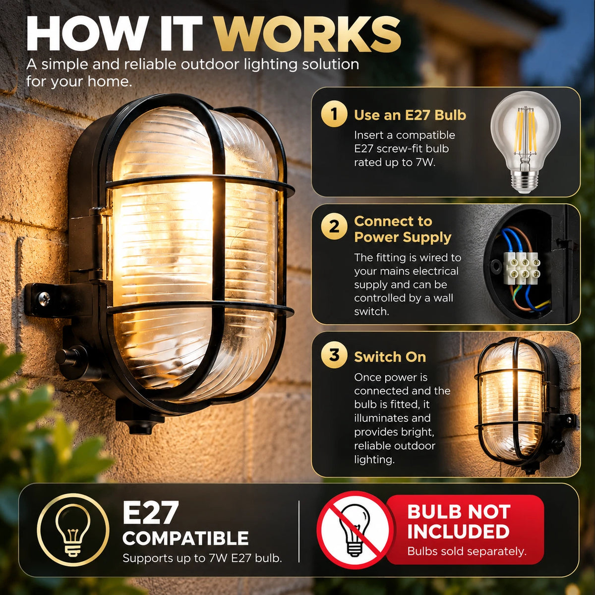 Outdoor Bulkhead Wall Lights IP44 Garden Porch Security Wall Light Fitting Black
