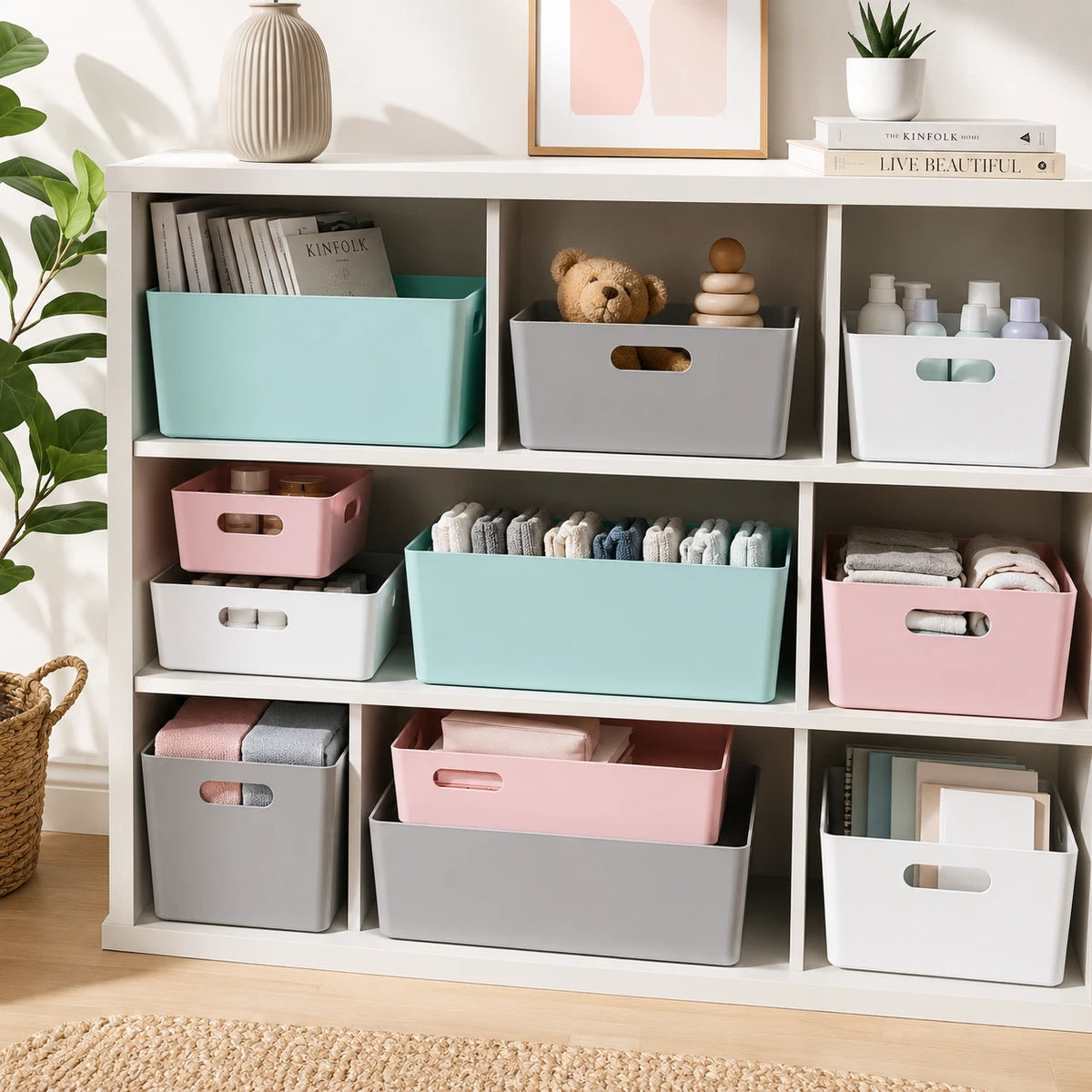 Plastic Storage Baskets Organiser Reusable Boxes Kitchen Bathroom Office Home