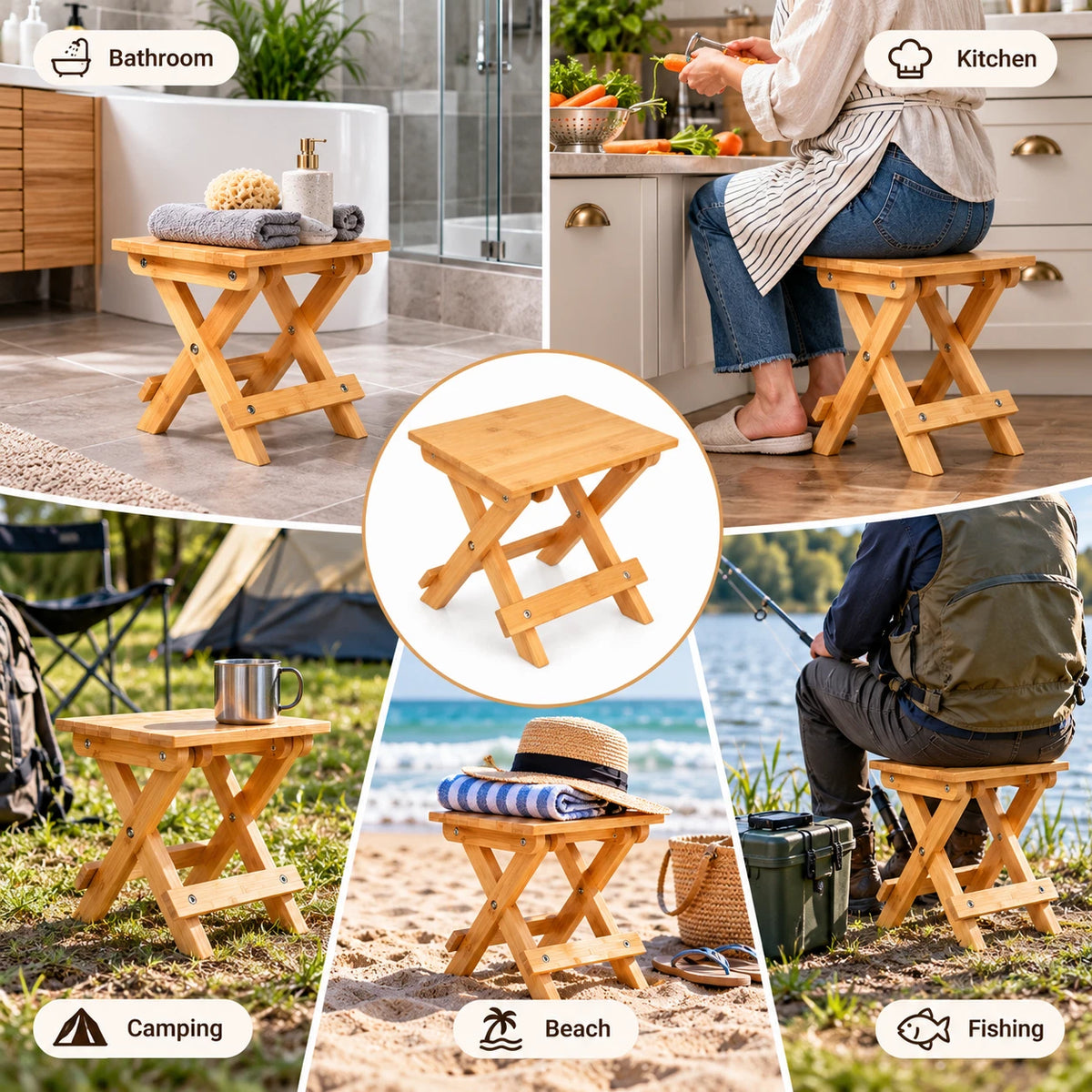 Bamboo Step Stool Foldable Camping Seat Bathroom Sauna Beach Multi Purpose Home
