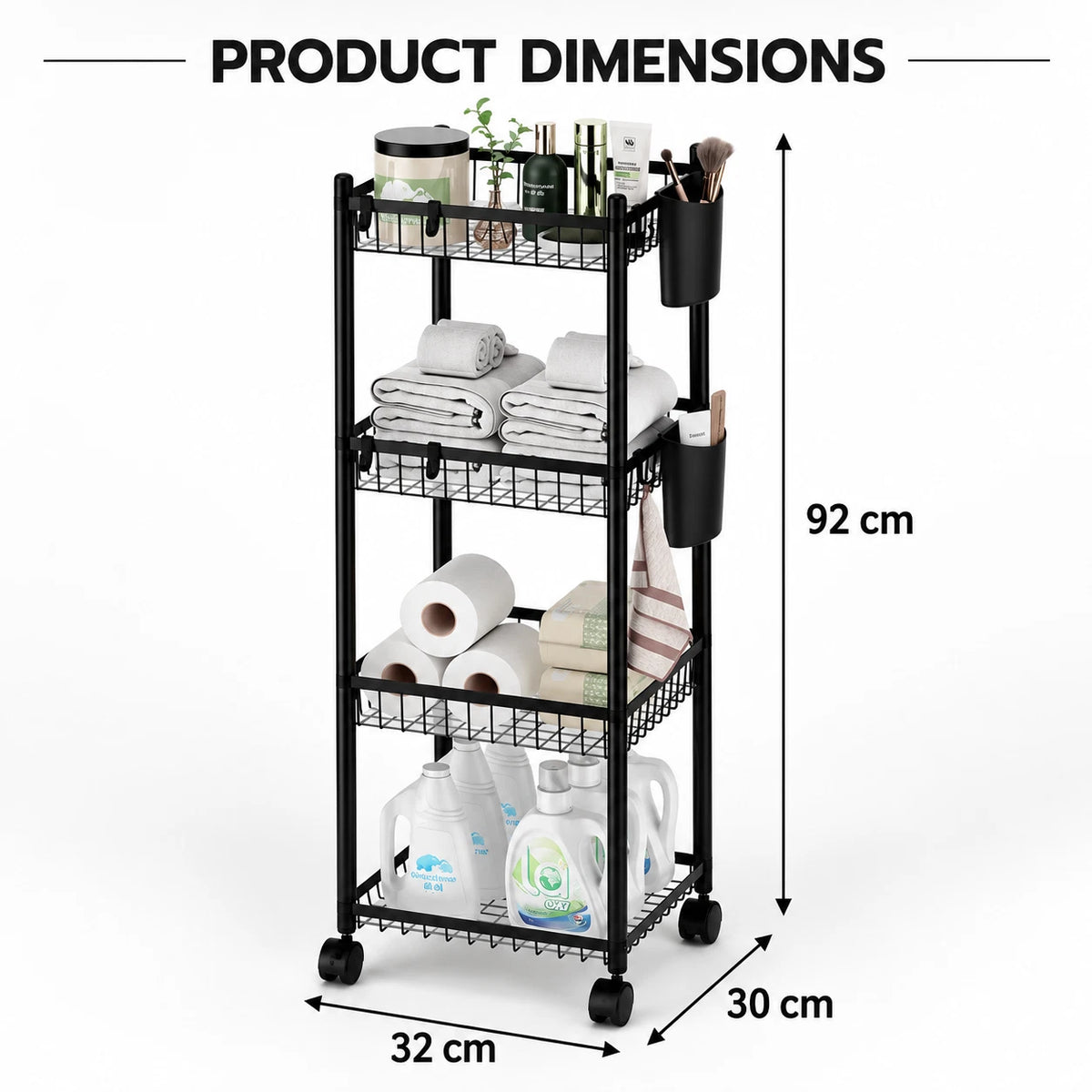 4 Tier Storage Trolley on Wheels Metal Kitchen Bathroom Rolling Cart Utility