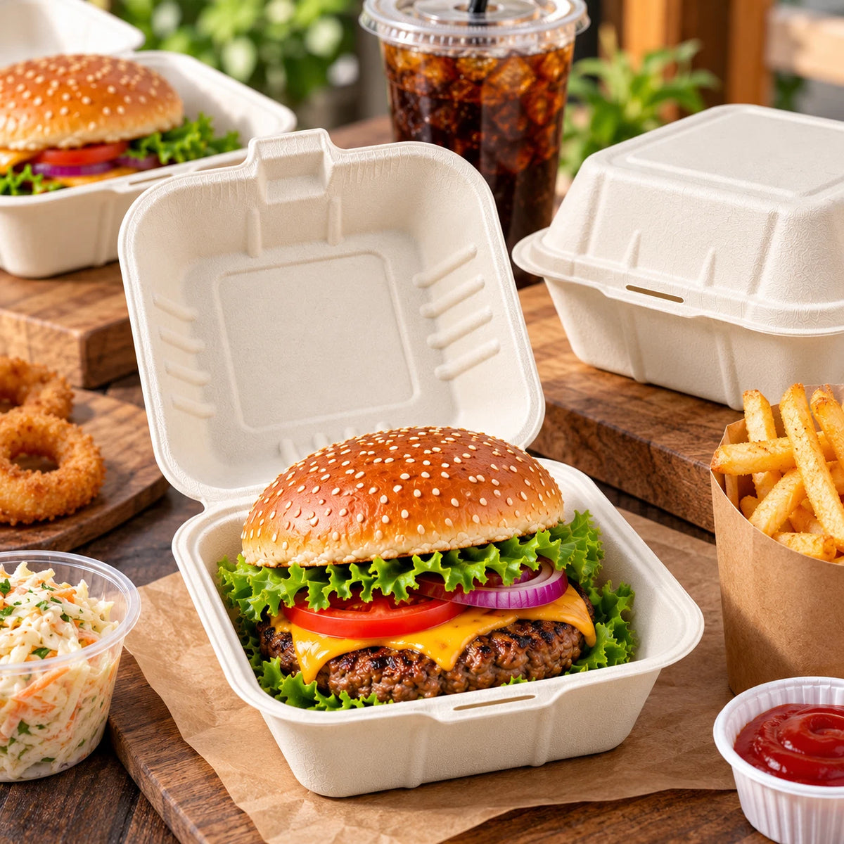 Bagasse Burger Box Food Containers Clamshell Takeaway Boxes 100% Compostable