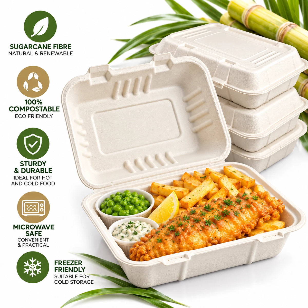 Clamshell Bagasse Takeaway Food Containers Meal Boxes 9x6 inch Eco Friendly