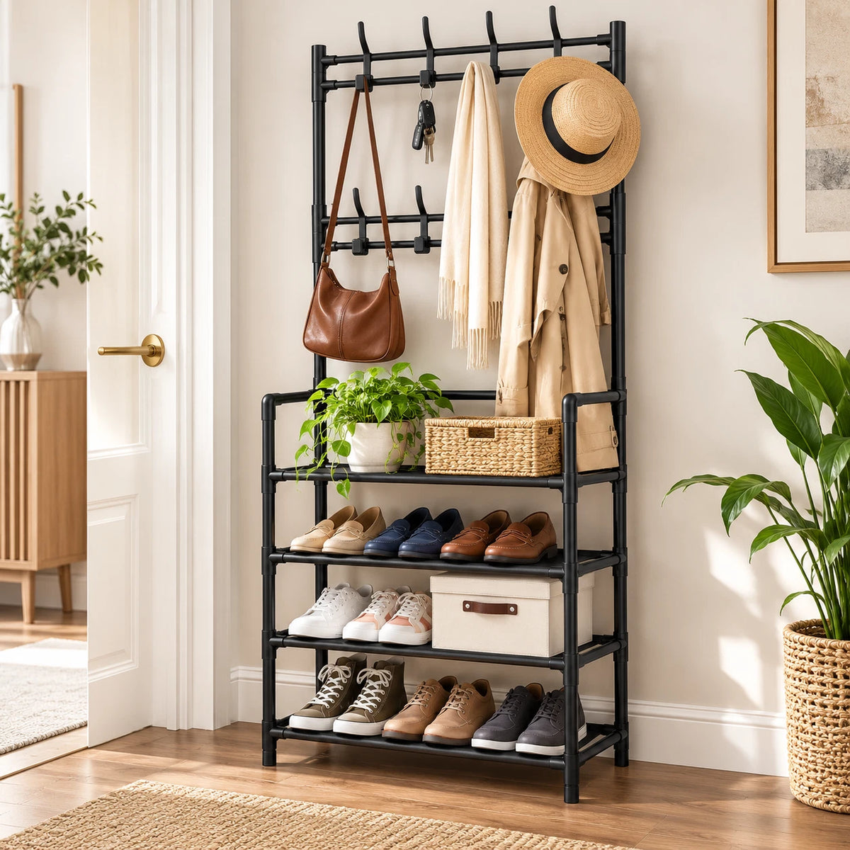 Coat Rack With Shoe Storage Organiser Unit 4 Tier Plastic 8 Hooks Space Saving