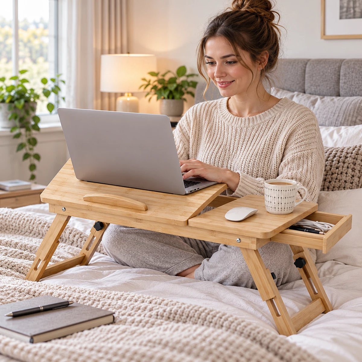 Bamboo Folding Laptop Table Stand With Storage Adjustable Bed Breakfast Tray