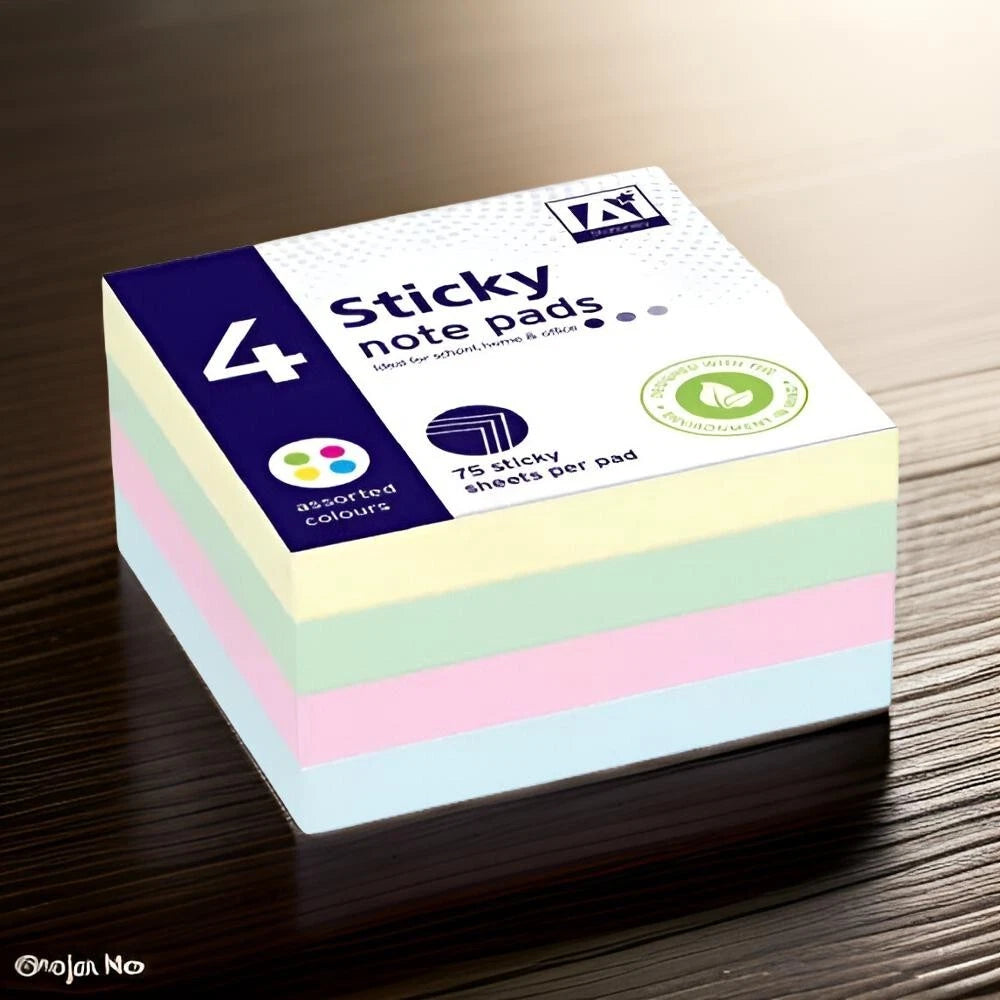 4 Pack Pastel Sticky Notes – Self Adhesive Removable Memo Pads in Assorted Colours for Office & School