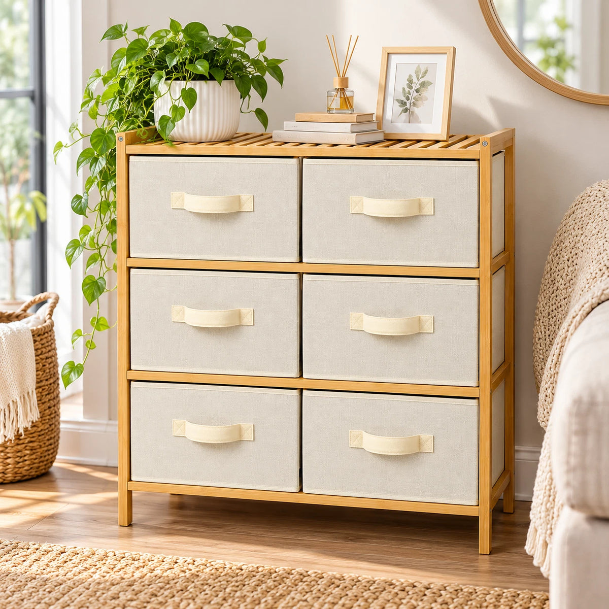 6 Chest of Drawers Fabric Bamboo Top Storage Unit Bedroom Dresser Living Room