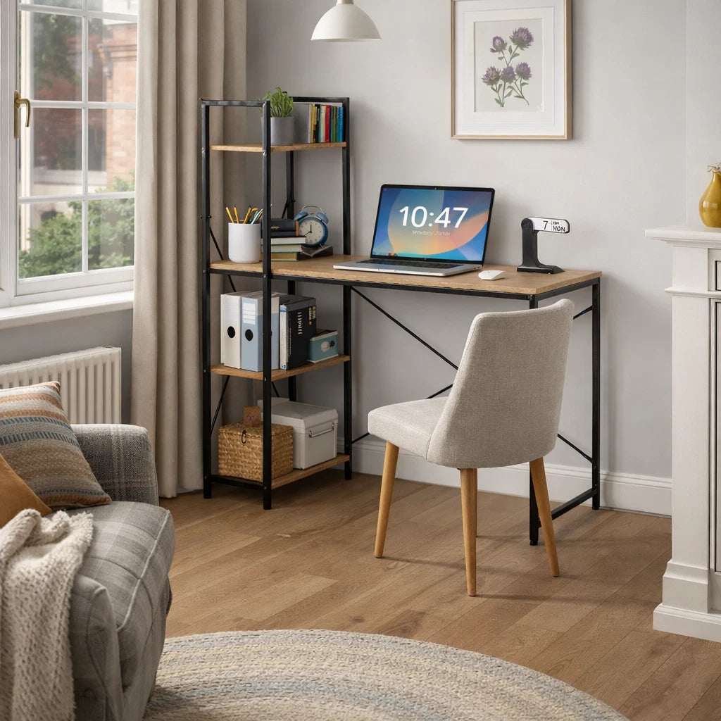 Computer Desk with 4-Tier Storage Shelves – Home Office Study Writing Workstation with Bookshelf Design