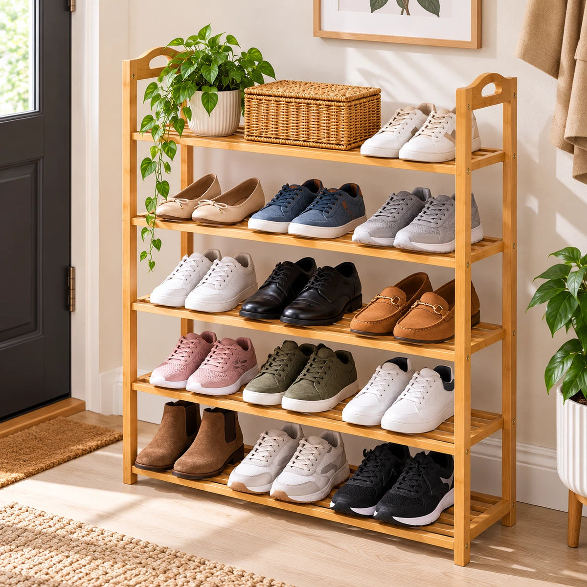 5 Tier Bamboo Shoe Rack Footwear Organiser Wooden Shelves Stroage Stand 15 Pairs