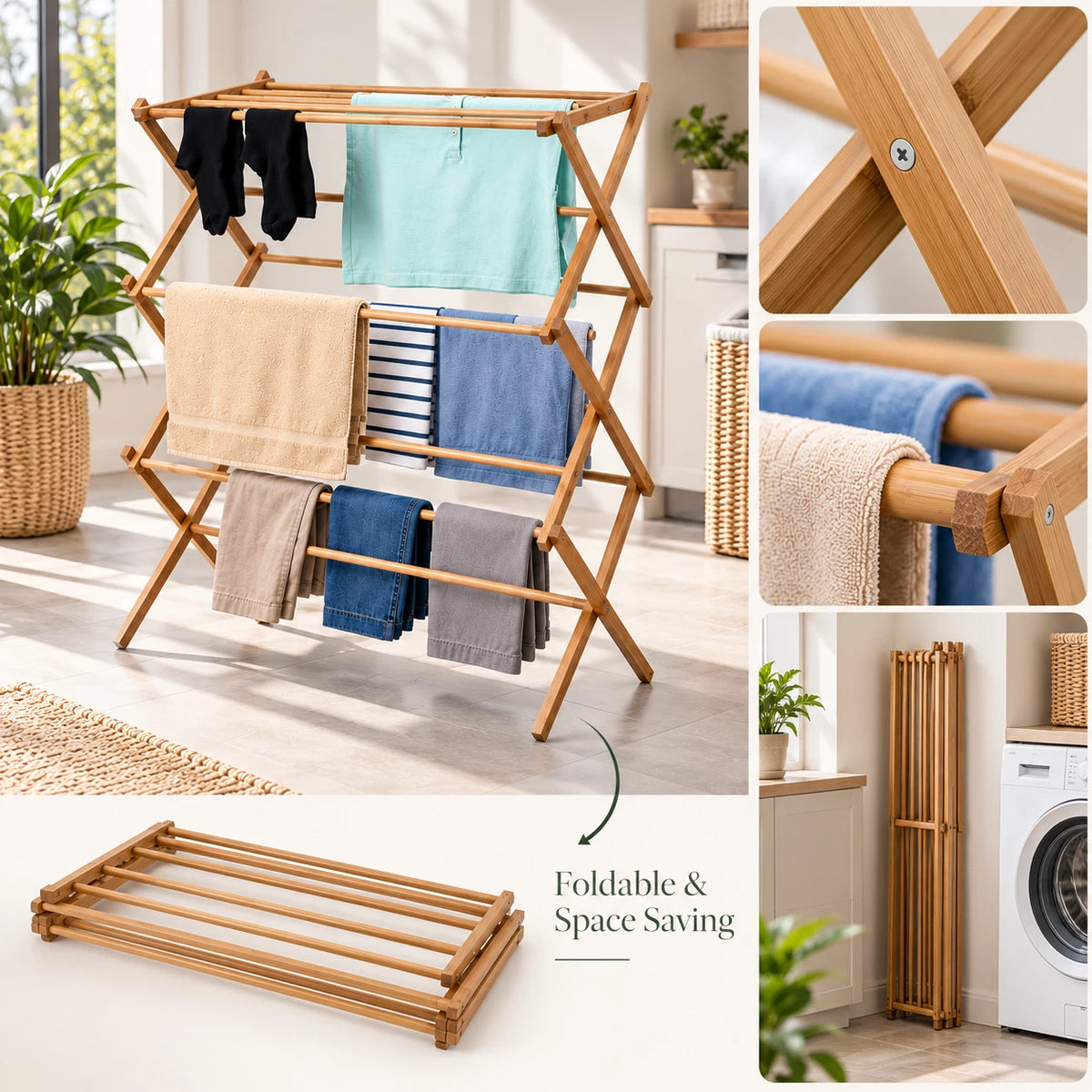 3 Tier Bamboo Clothes Dryer Airer Foldable Laundry Rack Washing Drying Horse