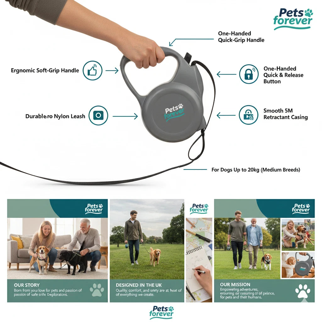 Retractable Dog Lead 5m Tangle Free Soft Grip Handle Small/Medium Dogs